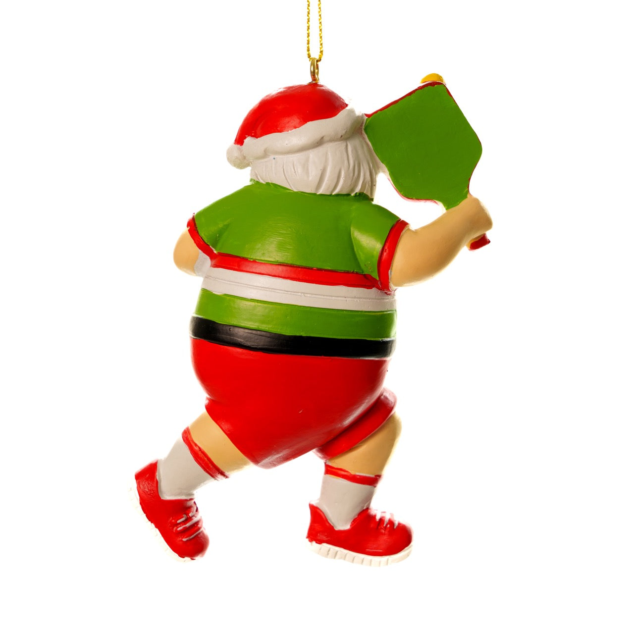 Back side of a fun handmade resin Christmas tree ornament of Santa playing pickleball on a white studio backdrop