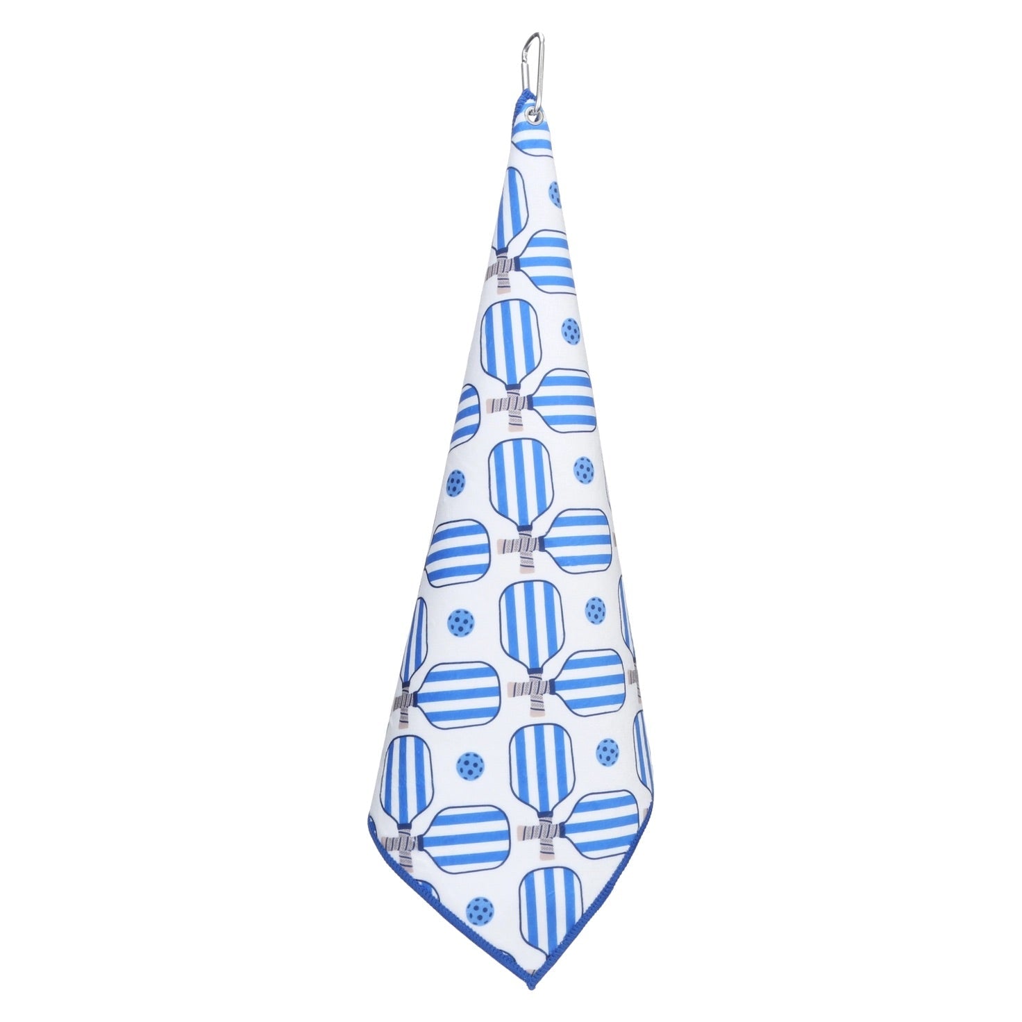 Blue and white preppy pickleball sports court towel hanging from attached carabiner