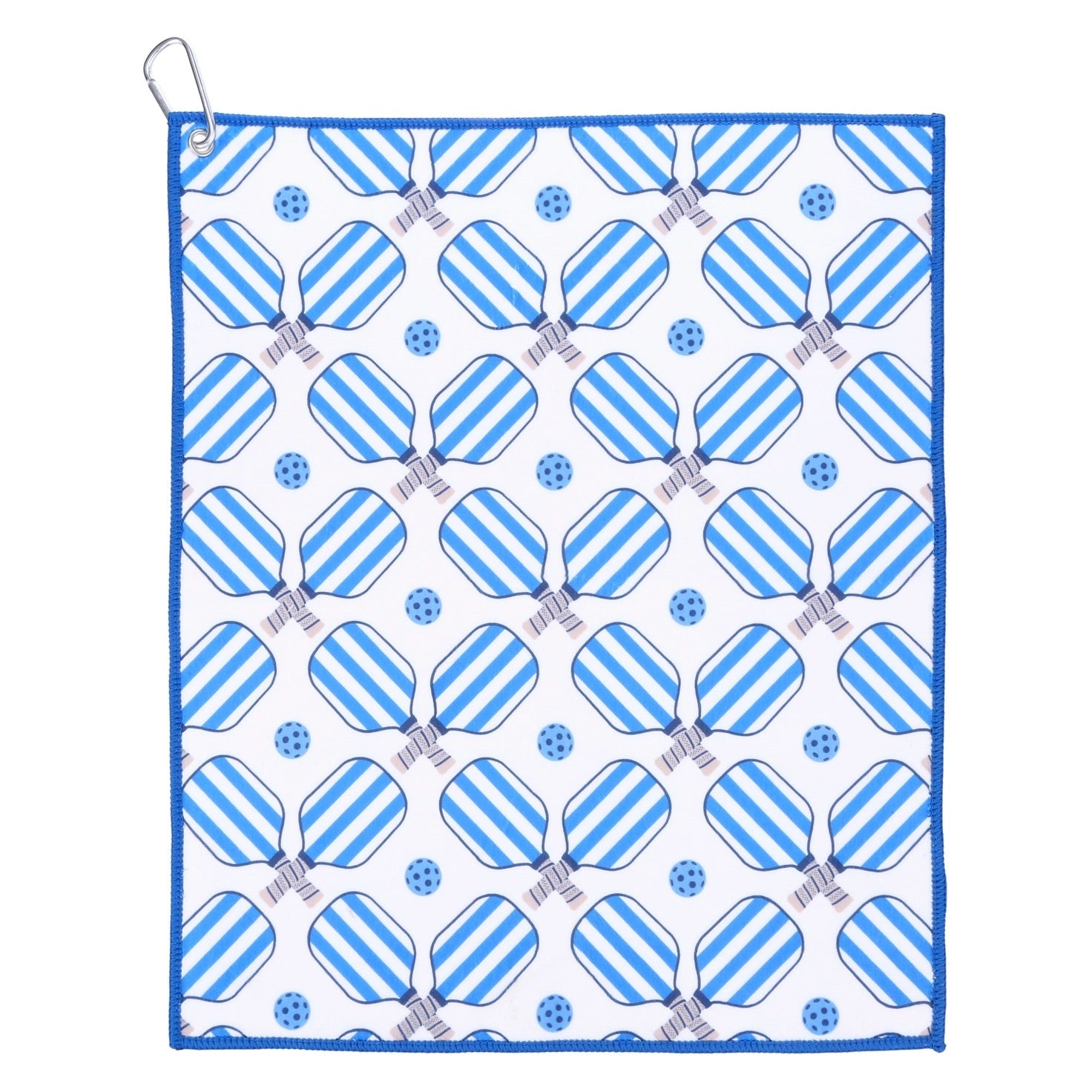 Blue and white preppy pickleball sports court towel with attached carabiner for hanging