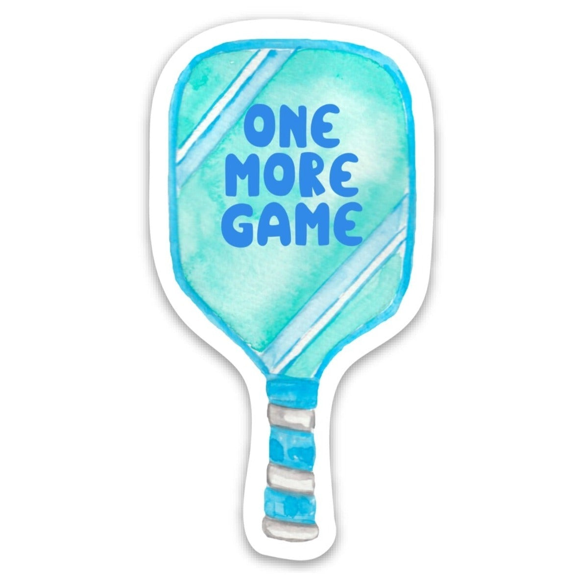Detailed view of a blue sticker in the shape of a pickleball paddle that says "ONE MORE GAME" on it