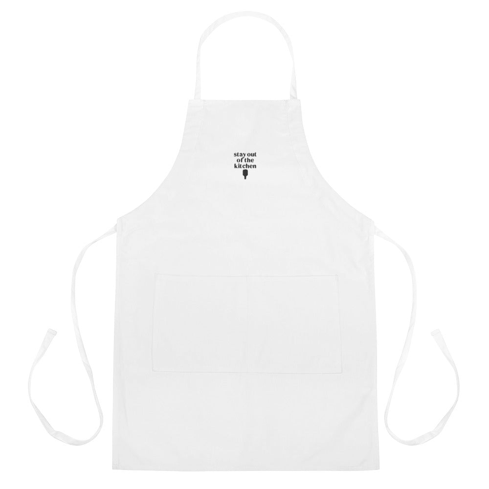 Embroidered white apron that says "stay out of the kitchen" and has a pickleball paddle on it