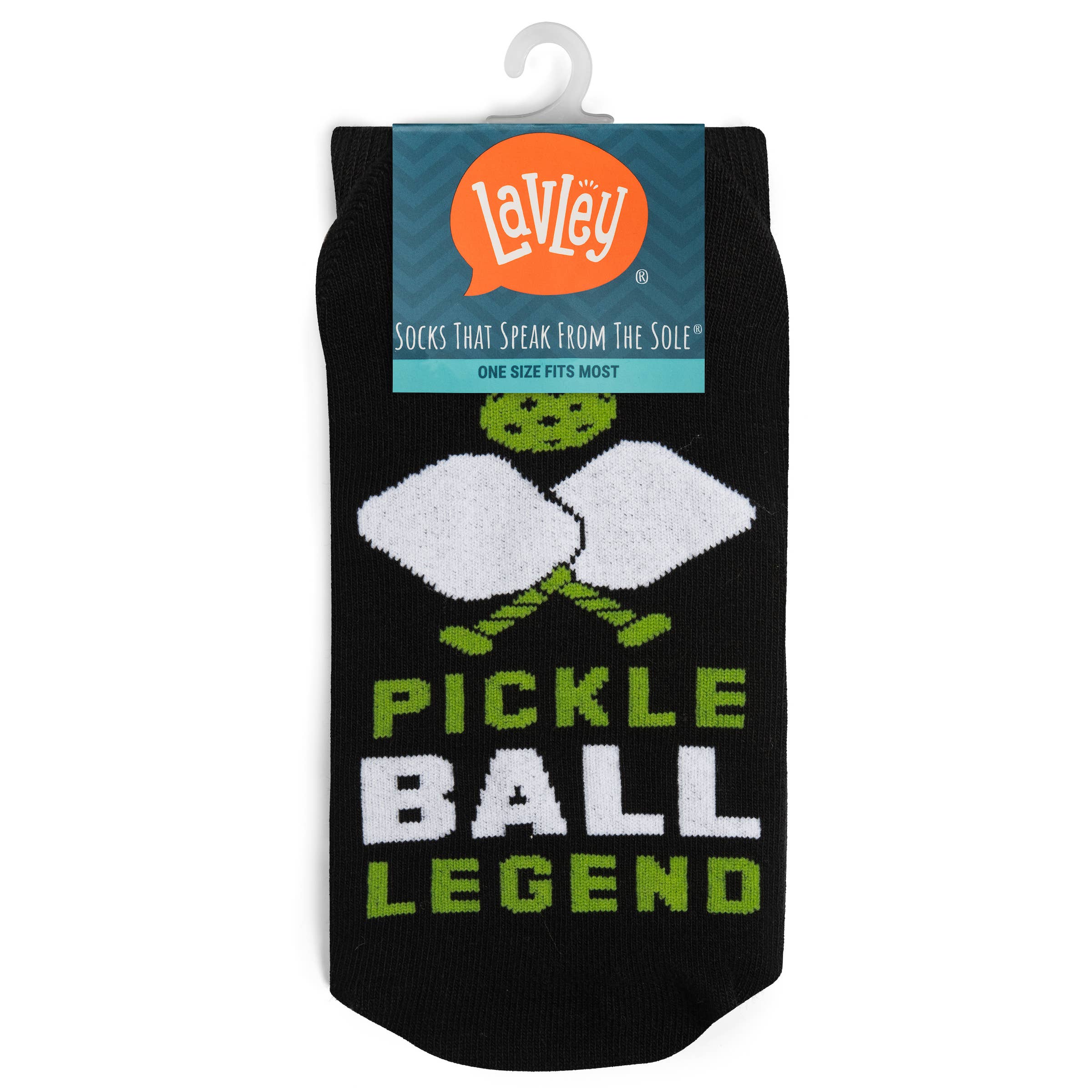 Folded pickleball themed black, white and green crew socks with tag and display hook