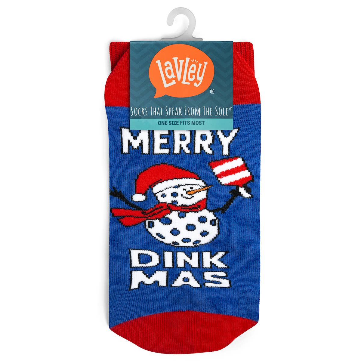 Folded pair of Christmas pickleball themed crew socks with brand label and display hook