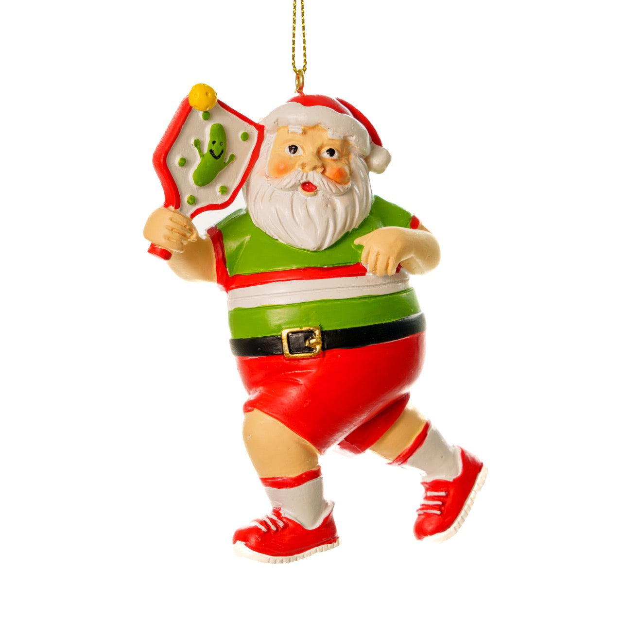 Front of a colorful handmade resin Christmas tree ornament of Santa playing pickleball on a white studio backdrop