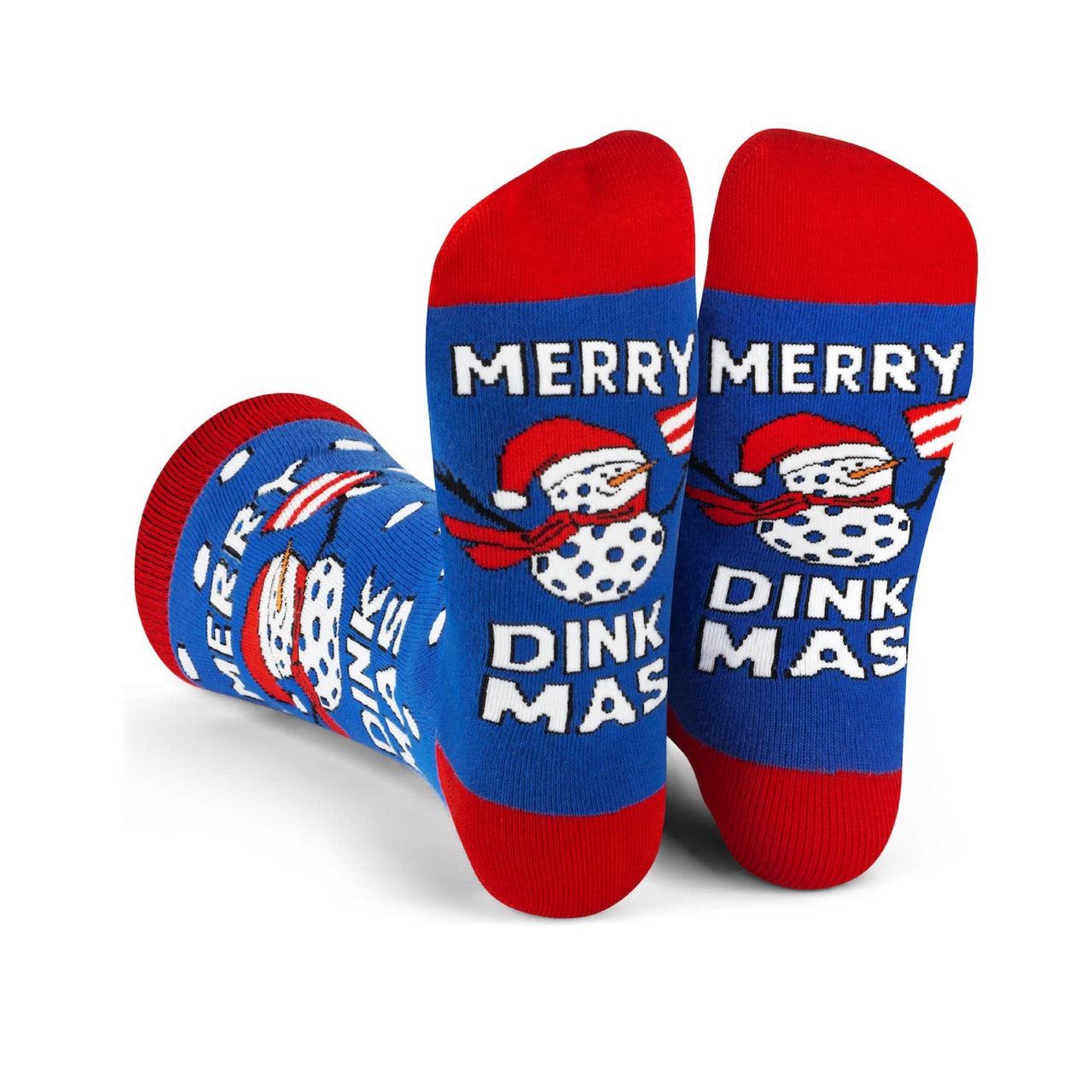 Funny pickleball themed crew socks with snowmen playing pickleball and the saying Merry Dinkmas on the sides and bottom