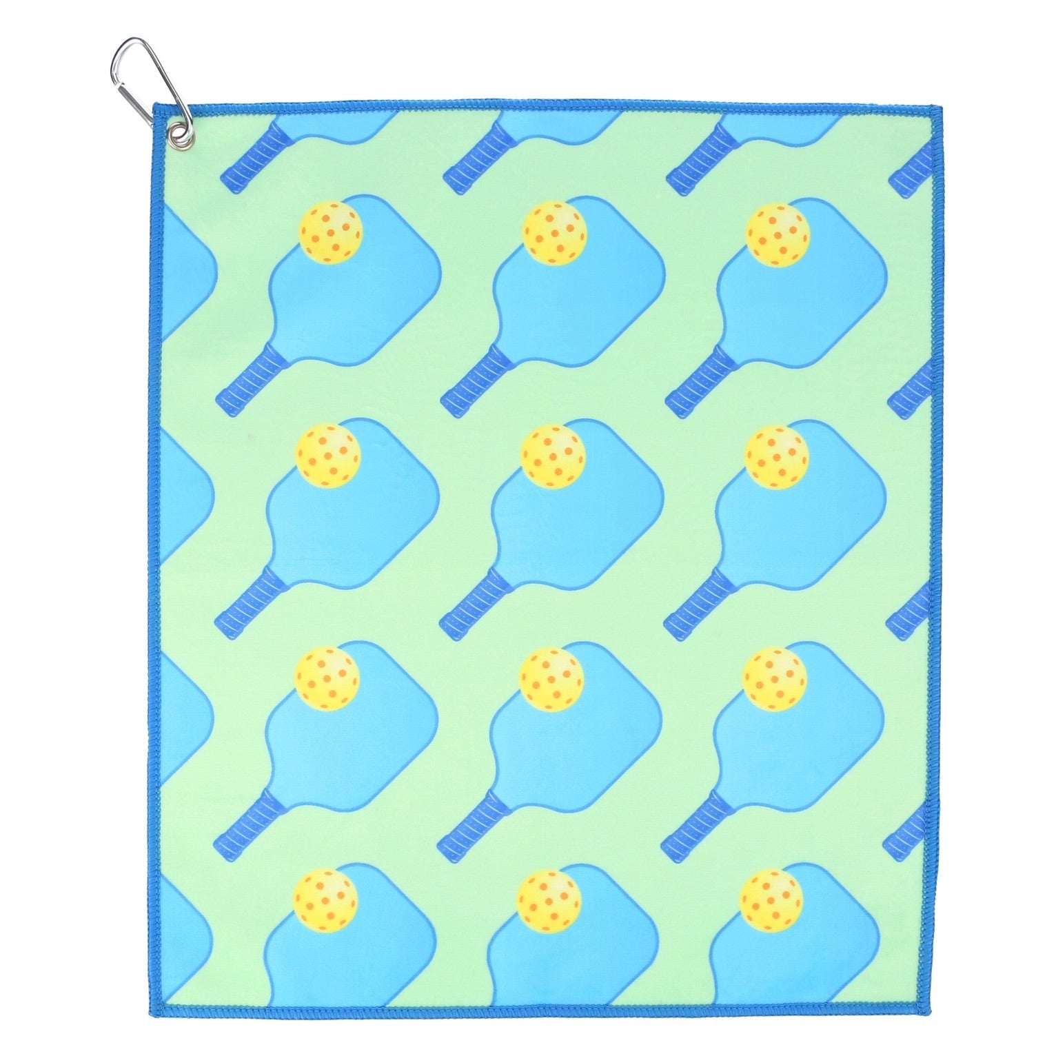 Green and blue fun pickleball sports court towel with attached carabiner for hanging