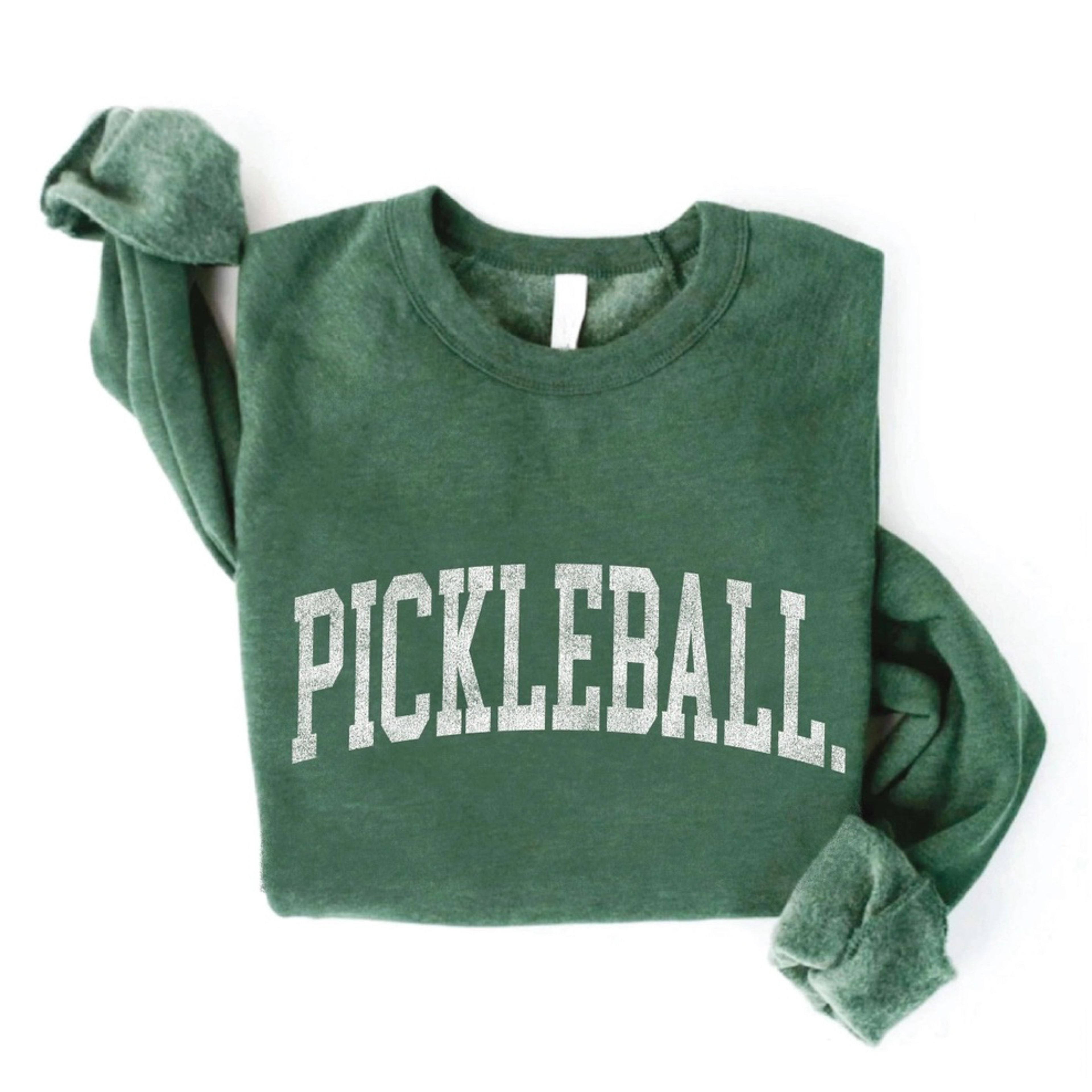 Folded green crewneck sweatshirt that says "Pickleball" in white font on it