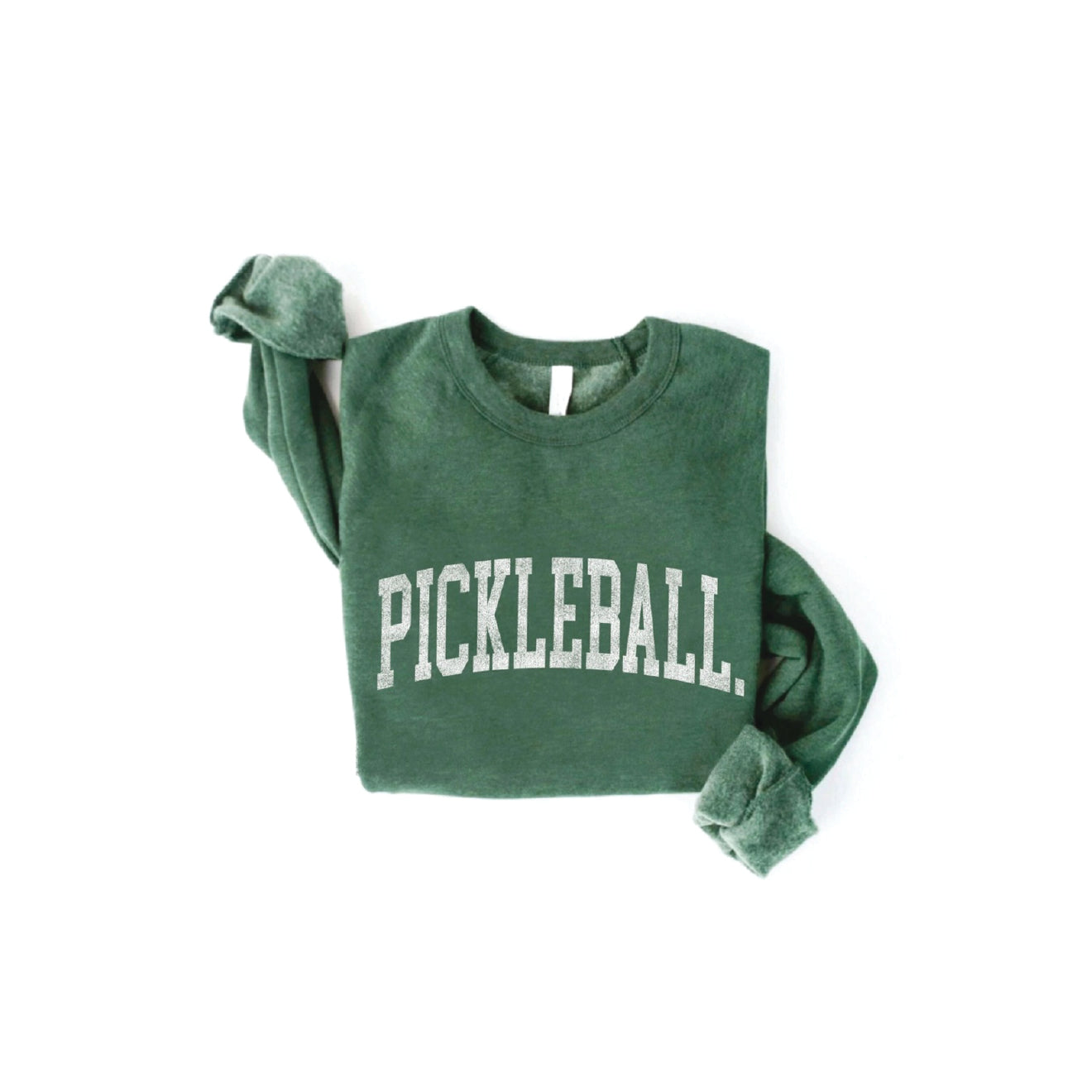 Zoomed out folded green crewneck sweatshirt that says "Pickleball" in white font on it