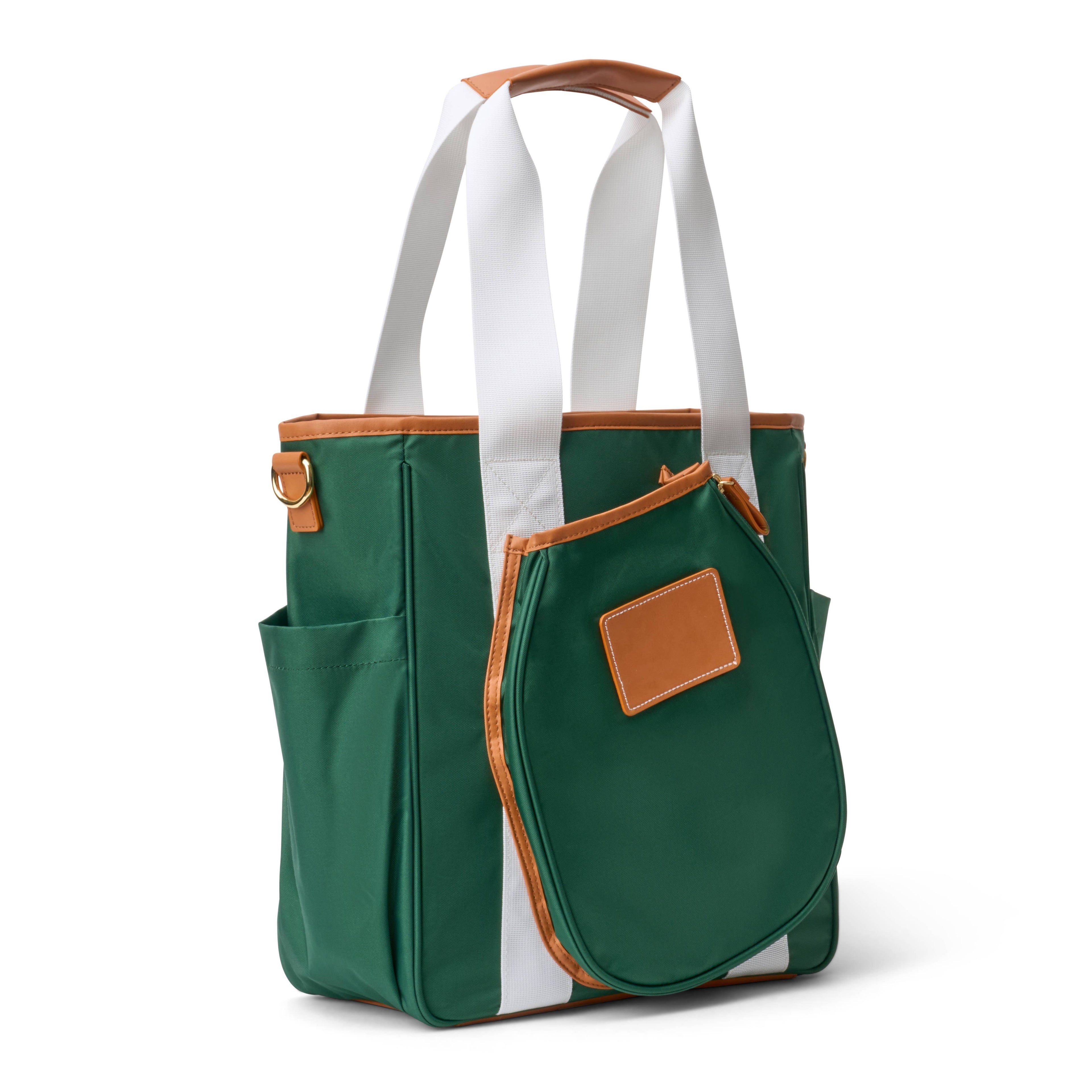 Left side view of hunter green pickleball tote bag