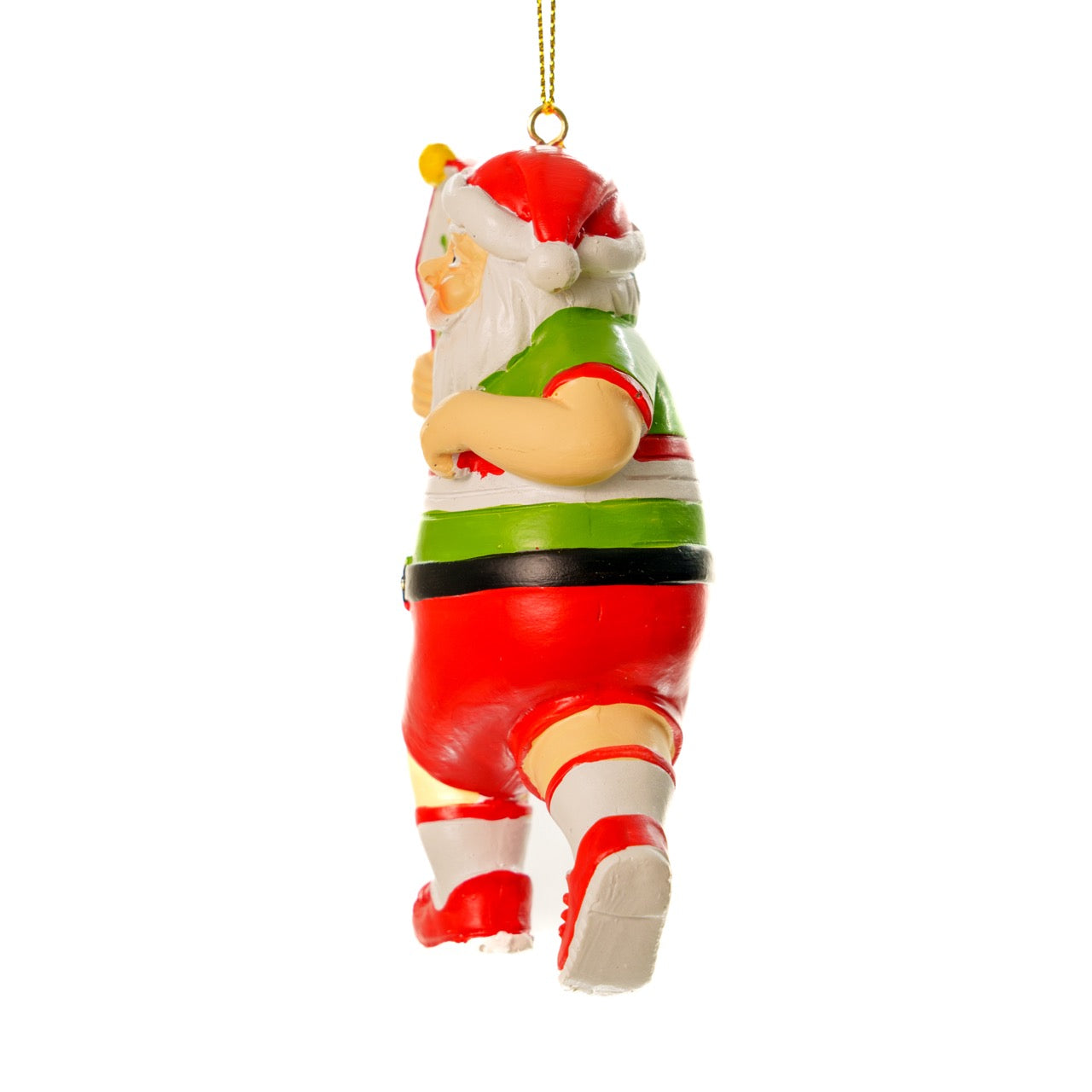 Left side of a fun handmade resin Christmas tree ornament of Santa playing pickleball on a white studio backdrop