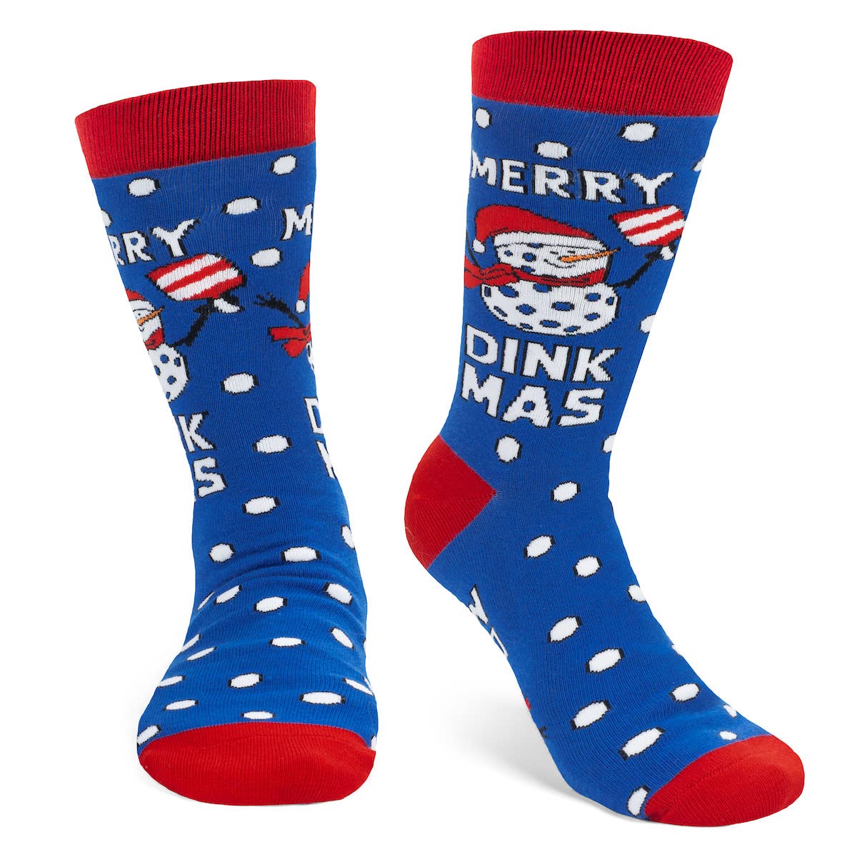 Side view of red, white, and blue Christmas pickleball themed crew socks that have snowmen and says Merry Dinkmas
