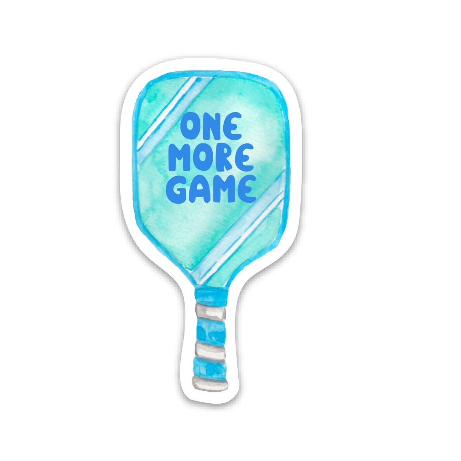 Blue sticker in the shape of a pickleball paddle that says "ONE MORE GAME" on it