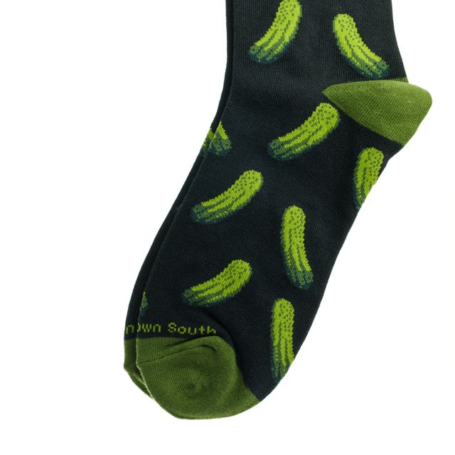 Pickle crew socks with the word PICKLE and pickles on it showing the toes section