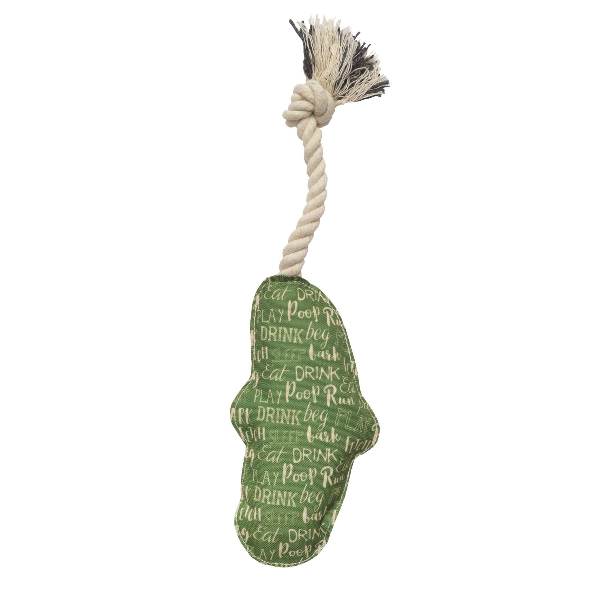 Back of a dog toy shaped like a pickle with a rope attached