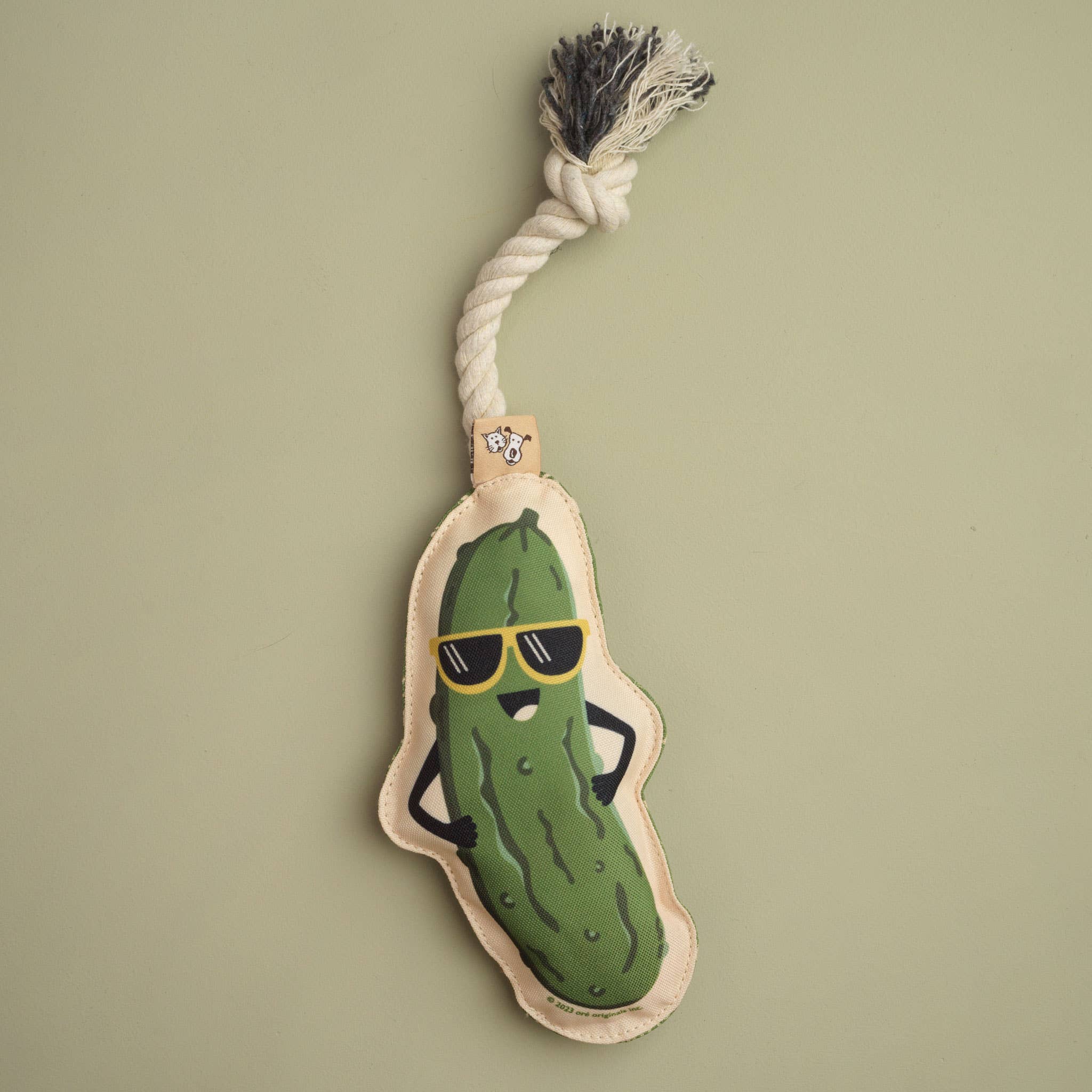 Dog toy shaped like a pickle with a rope attached on a beige background