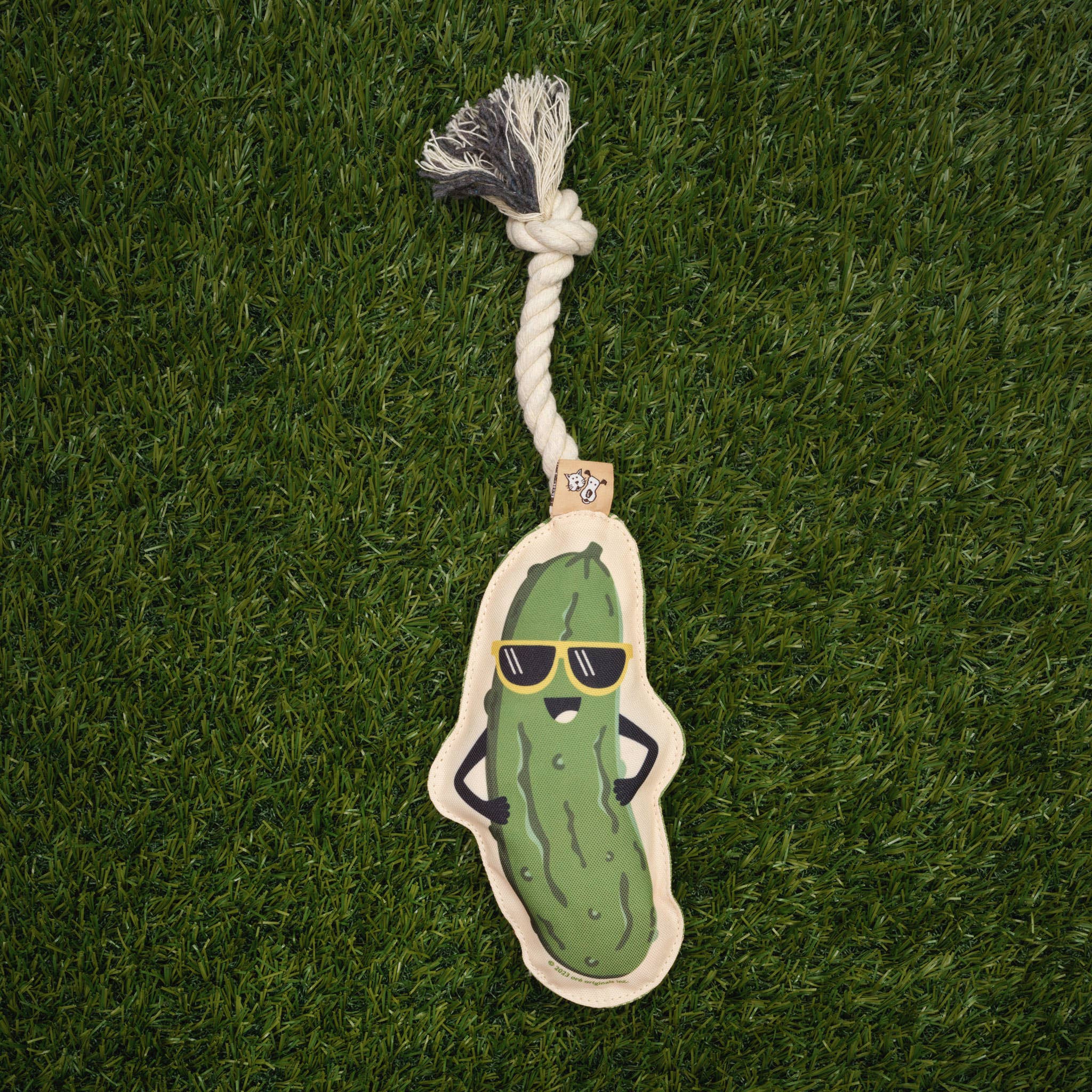 Dog toy shaped like a pickle with a rope attached laying on grass