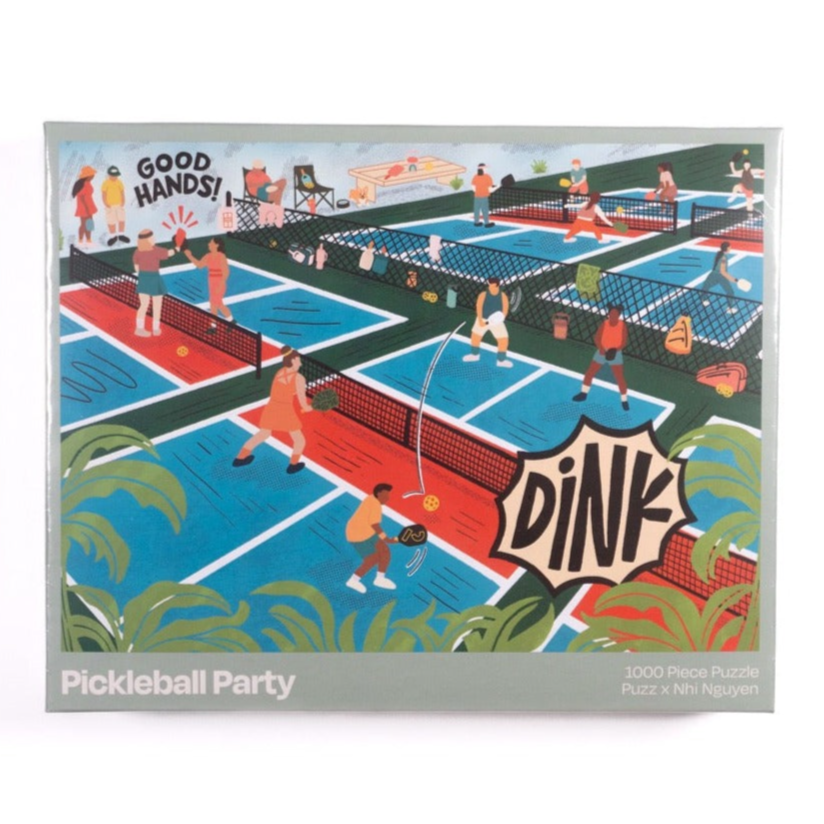 Front of a puzzle box for a 1000 piece puzzle with a pickleball image on it