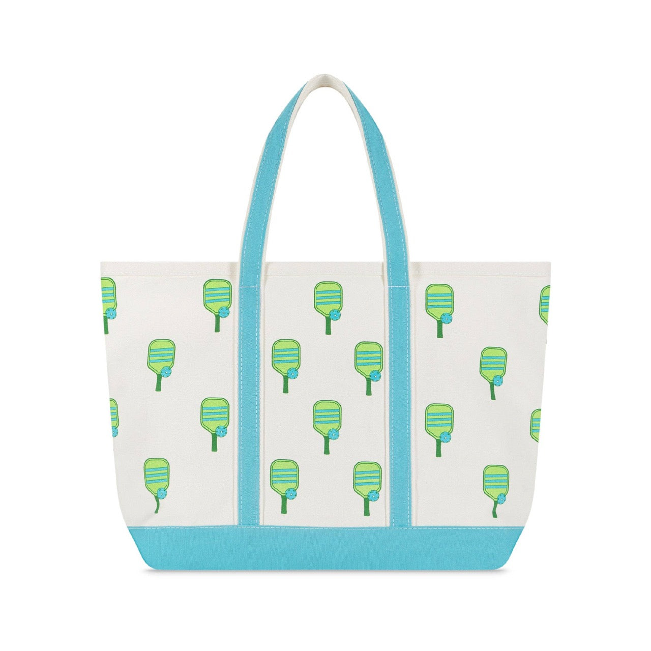Canvas beach tote with a green pickleball paddle print on it and blue handles