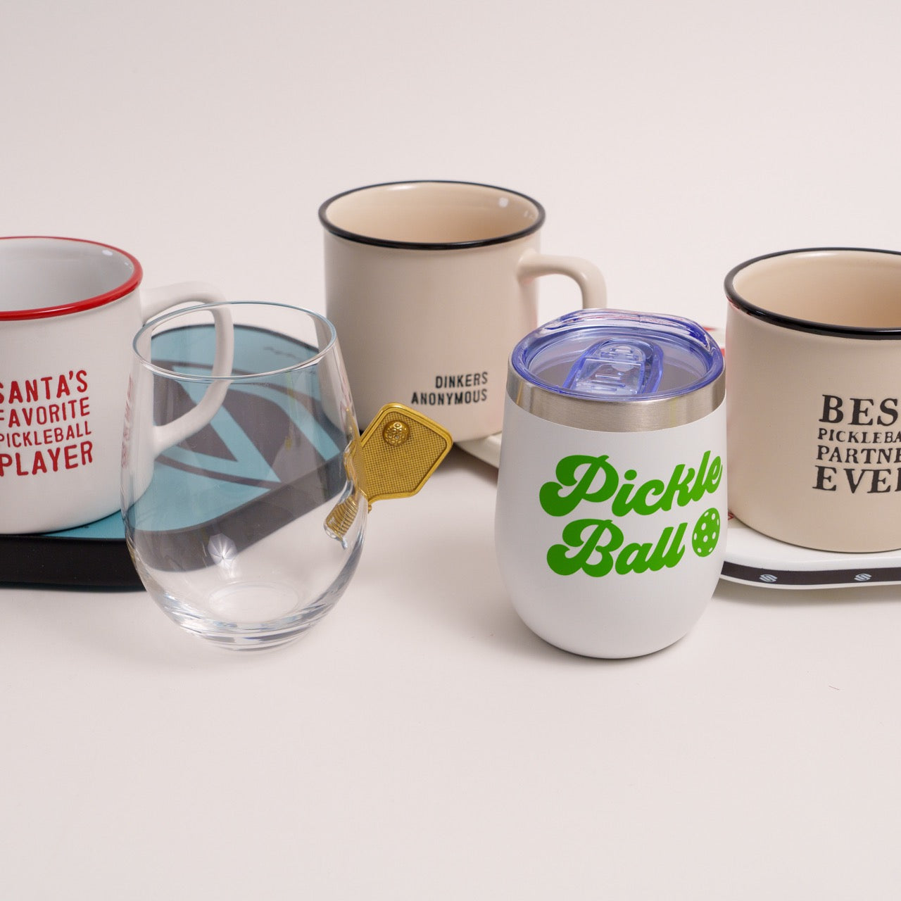 Collection of pickleball themed drinkware gifts