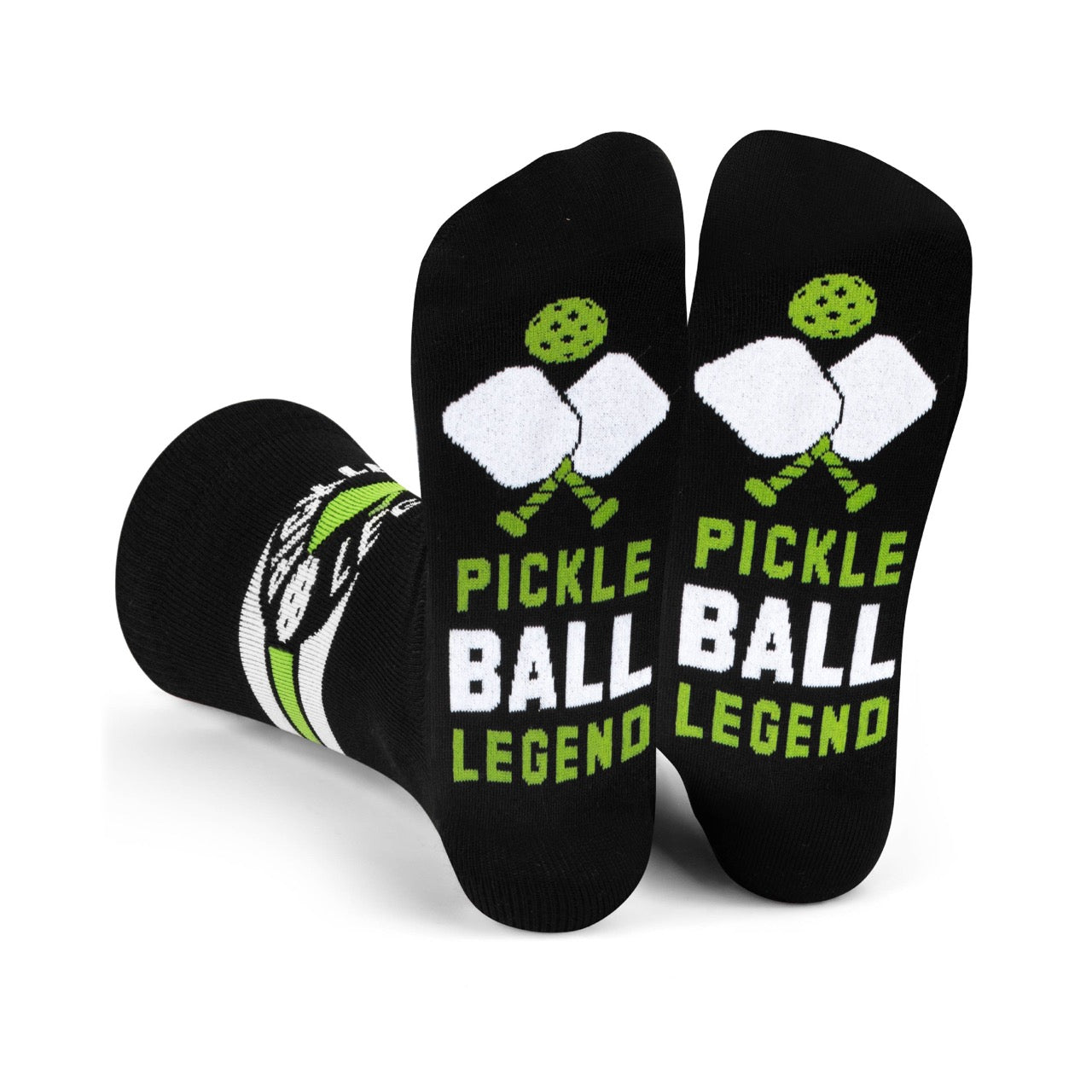 Image of pickleball themed crew socks that say Pickleball Legend on the bottom.