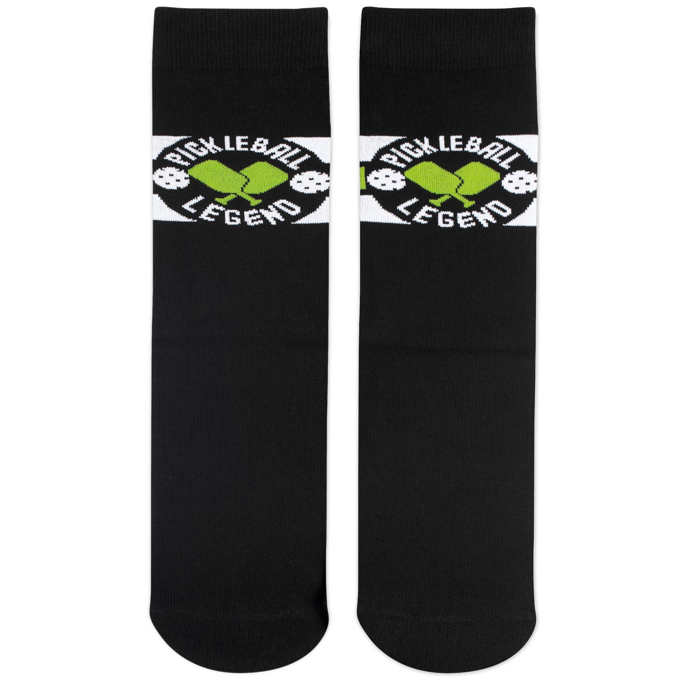 Top side flat image of pickleball themed crew socks that say pickleball legend towards the top cuff