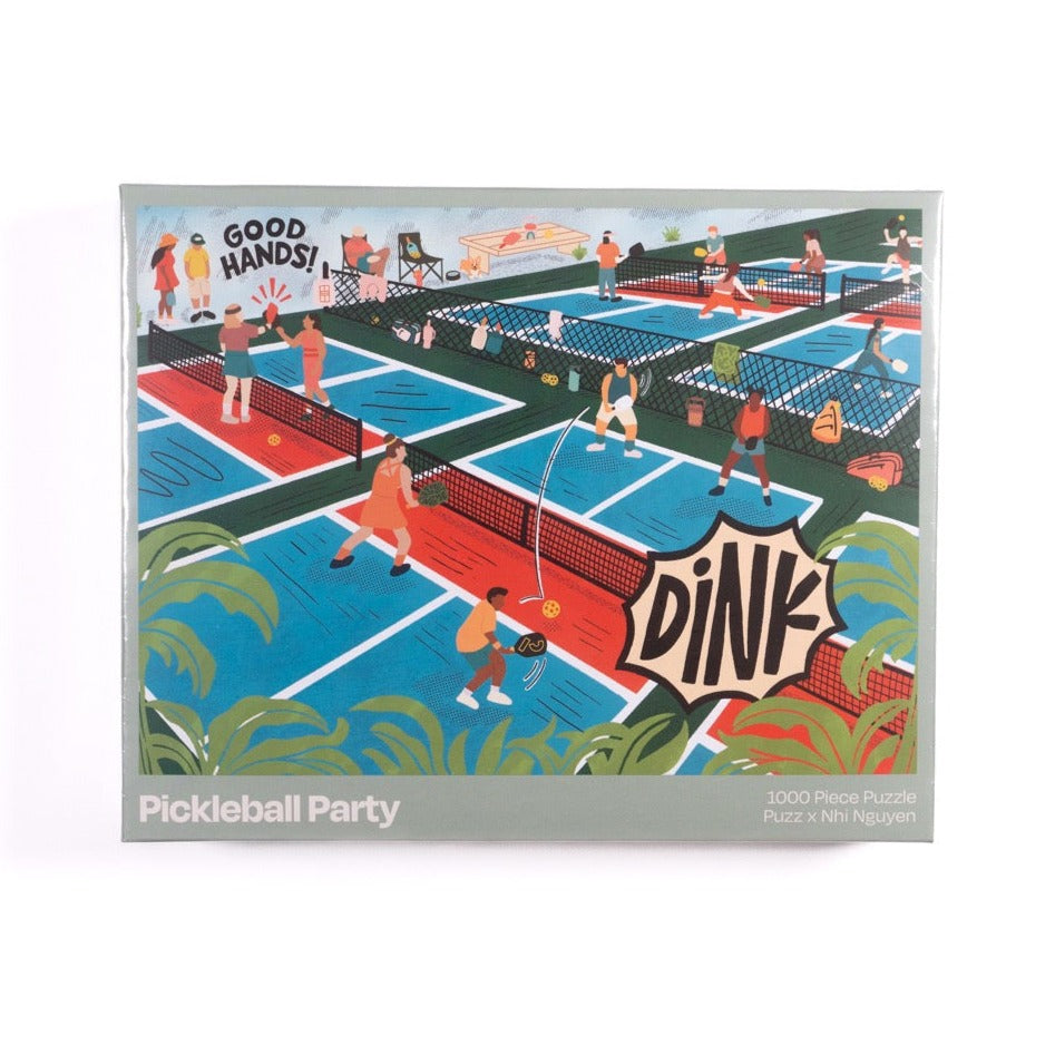 Front of the box of a 1,000 piece pickleball themed jigsaw puzzle