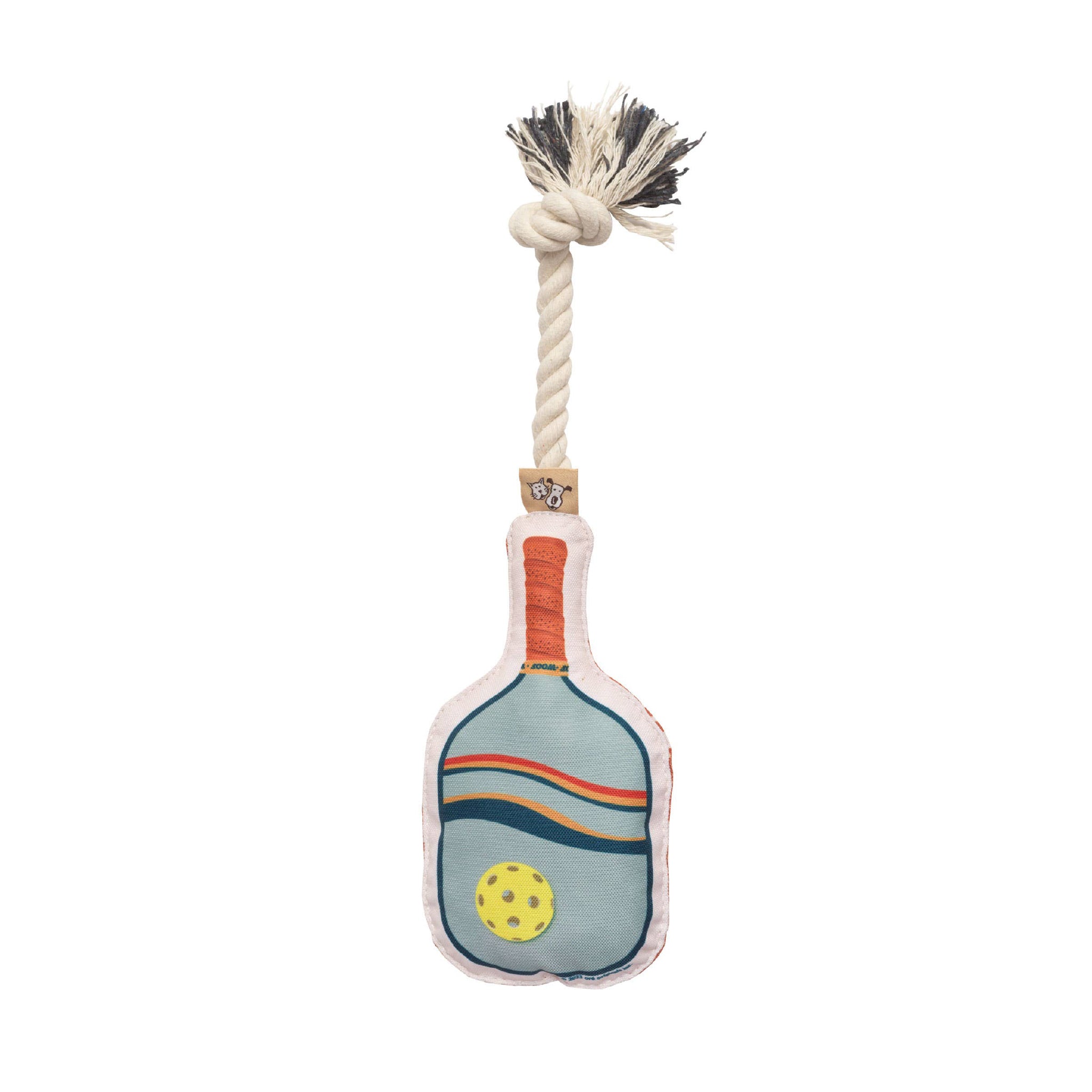 Dog toy shaped like a pickleball paddle with a rope attached