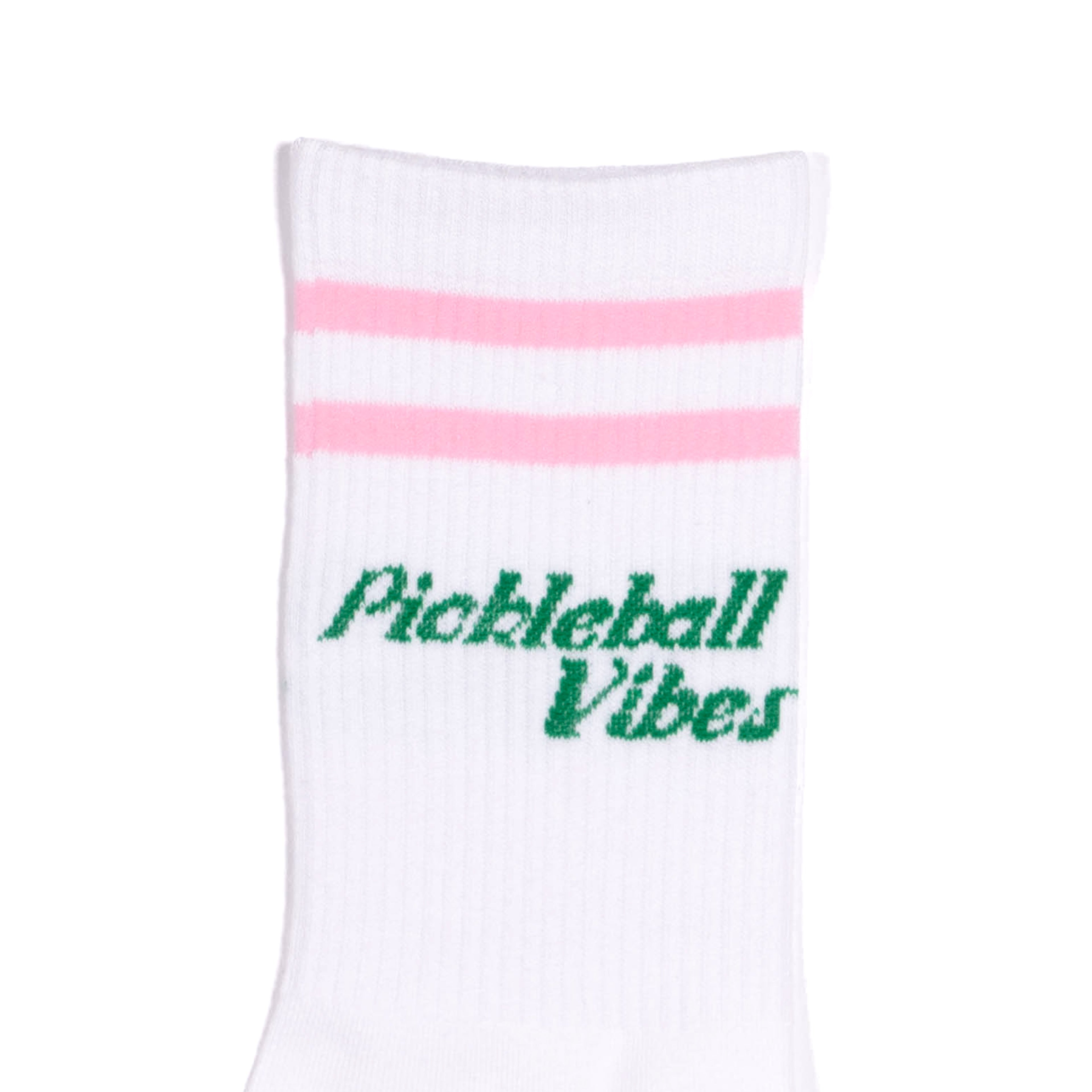 Top of white mid calf socks with pink stripes and green text that says "Pickleball Vibes"