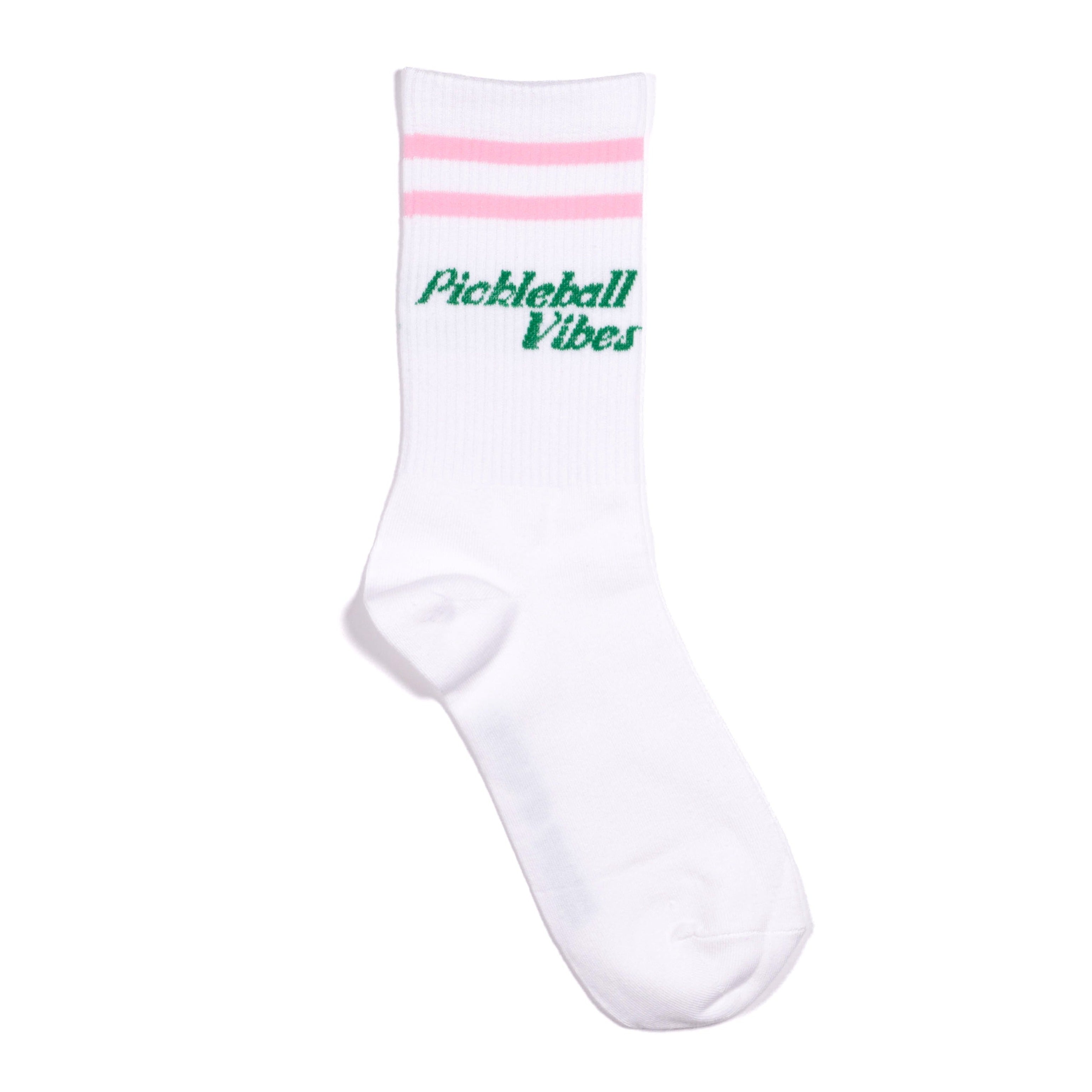 White mid calf socks with pink stripes and green text that says "Pickleball Vibes"