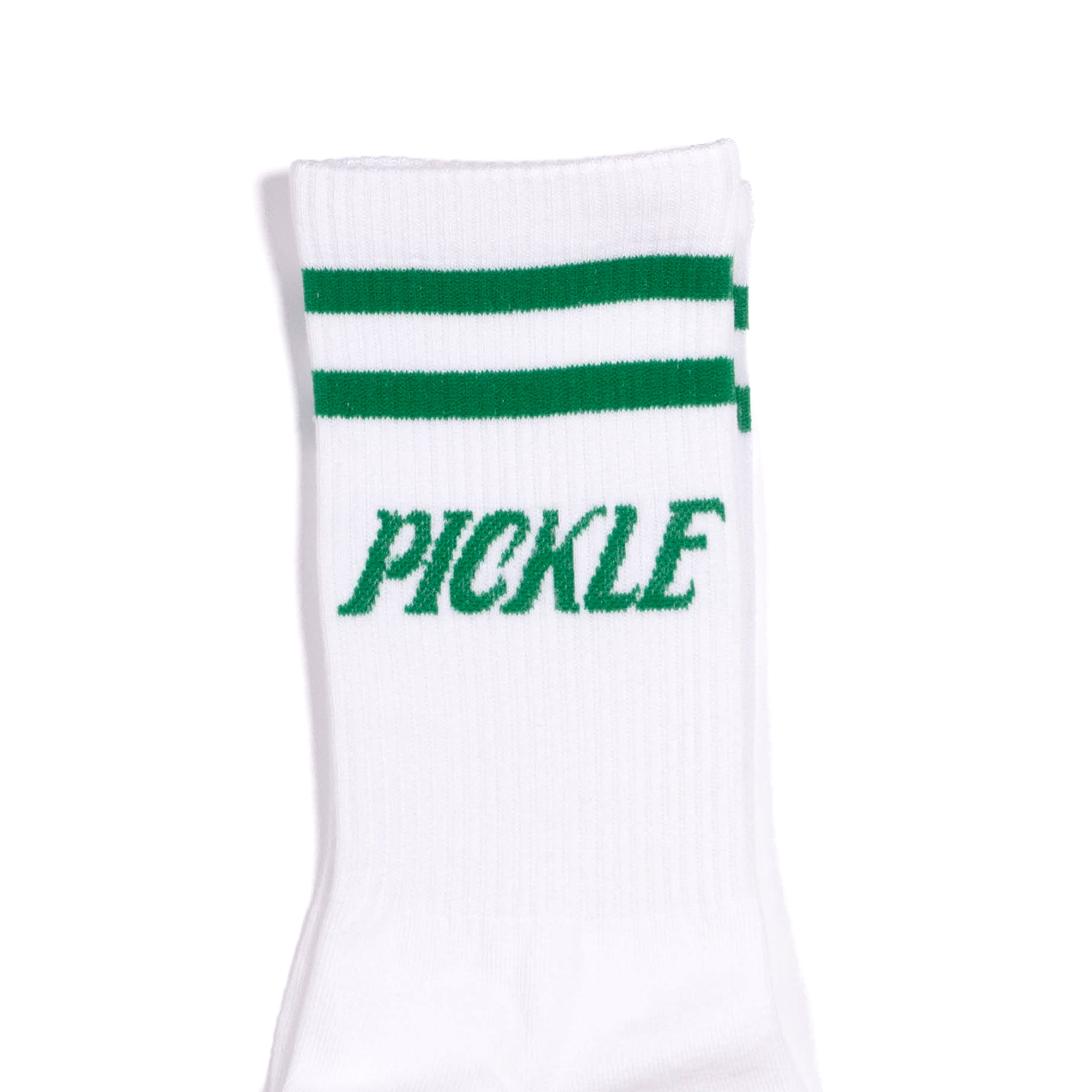 Top of white mid retro calf pickleball socks with green stripes and green text that says "Pickle"