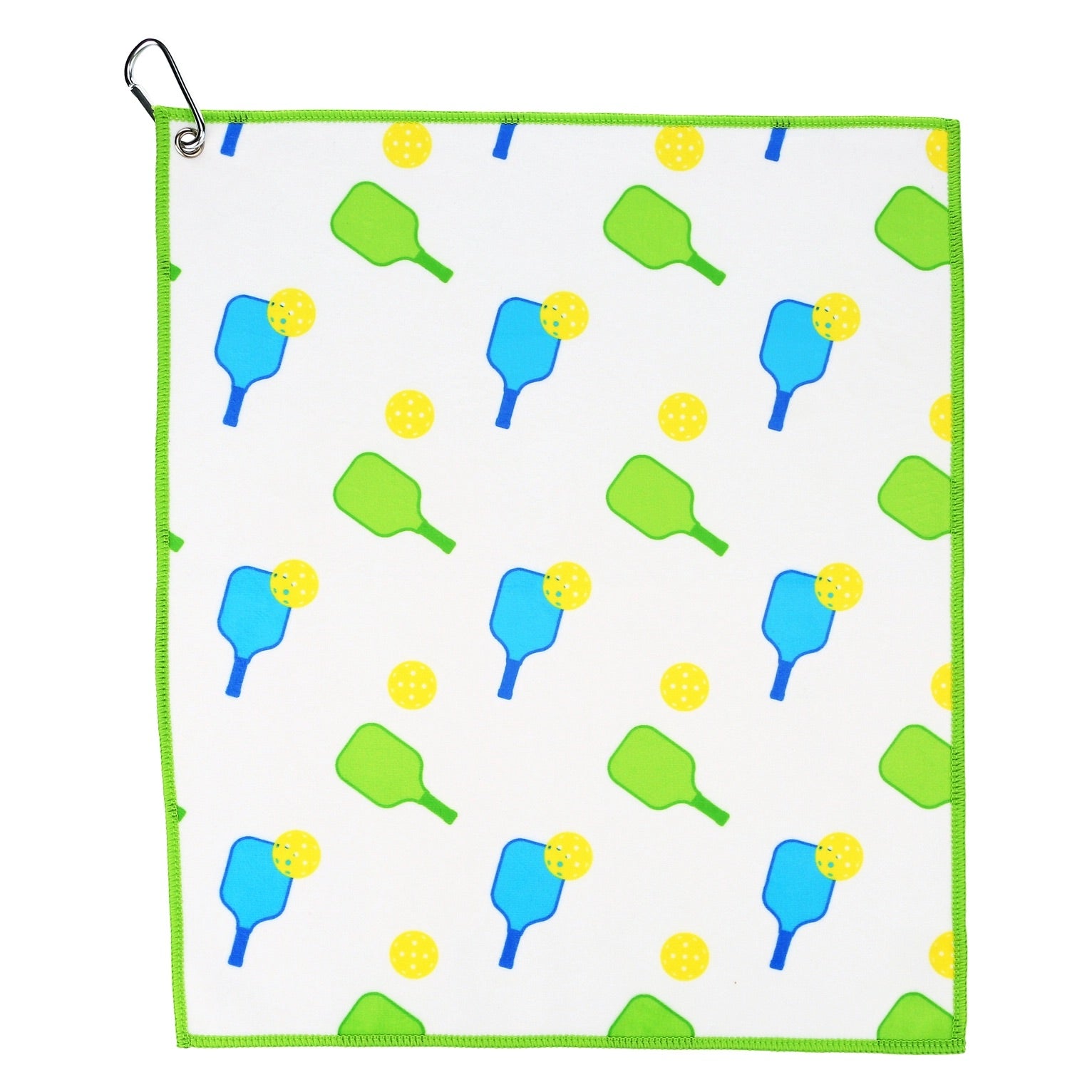 White and green fun pickleball sports court towel with attached carabiner for hanging