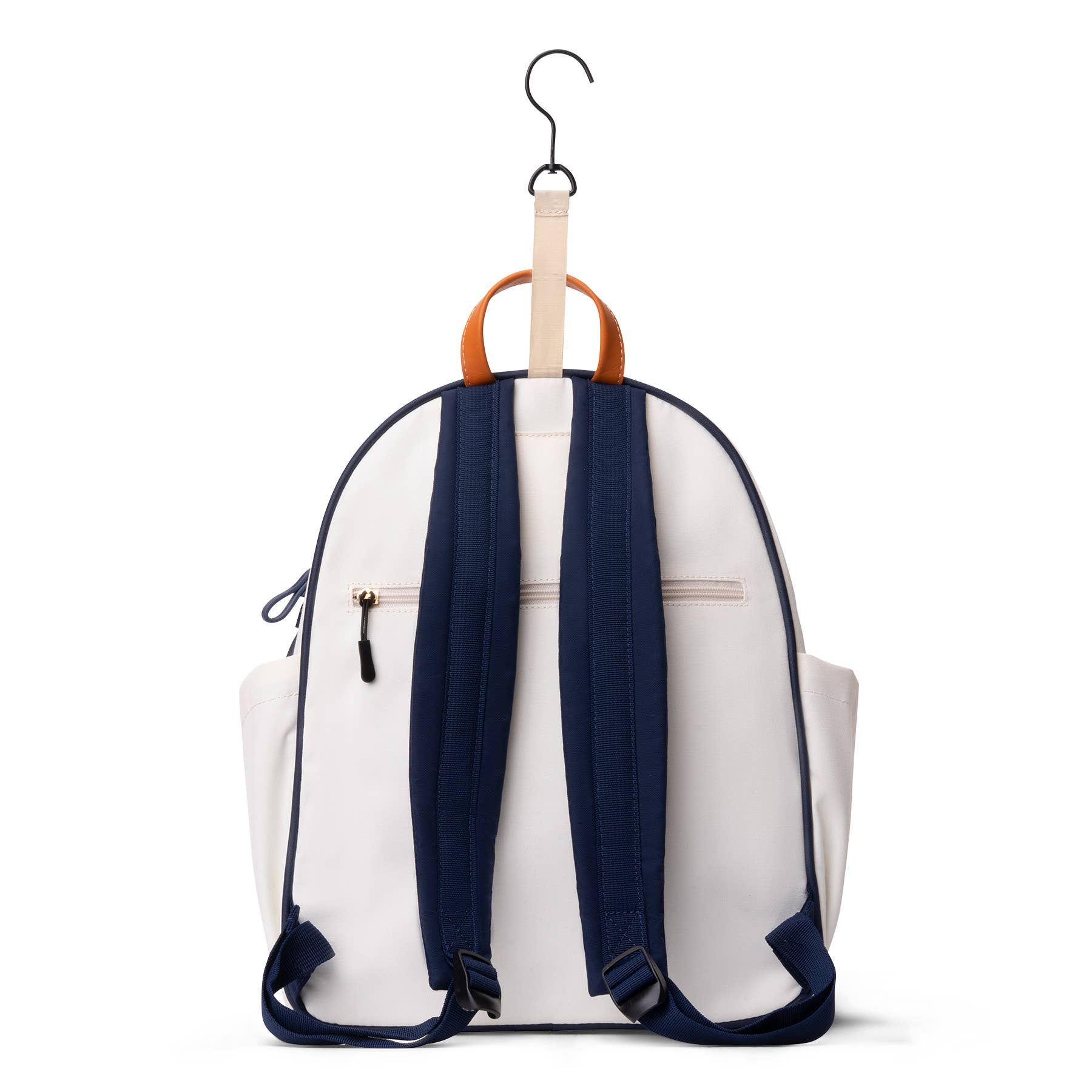 Back of white pickleball paddle backpack with navy blue straps with a built in bag hook showing