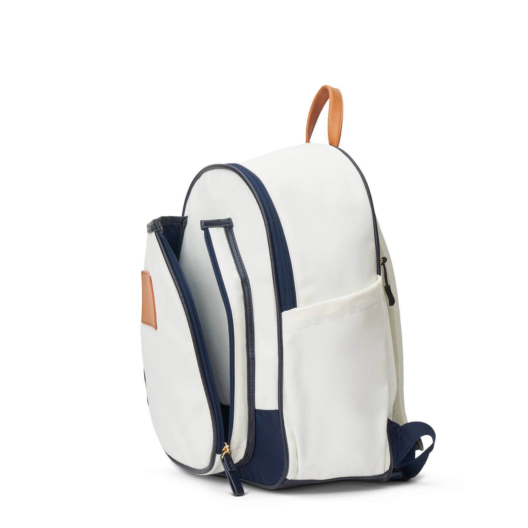 Side of white pickleball paddle backpack with navy blue accents with the pickleball paddle pocket opened