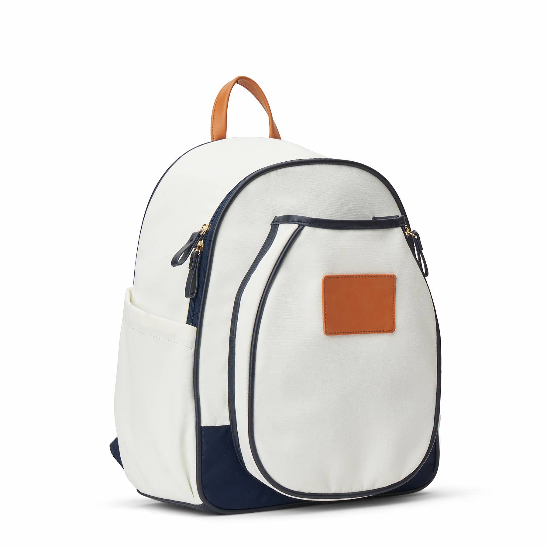 Side of white pickleball paddle backpack with navy blue accents