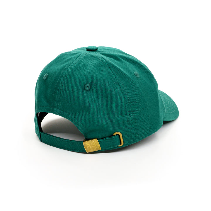 Back of green baseball hat that says Let's Play Doubles on it