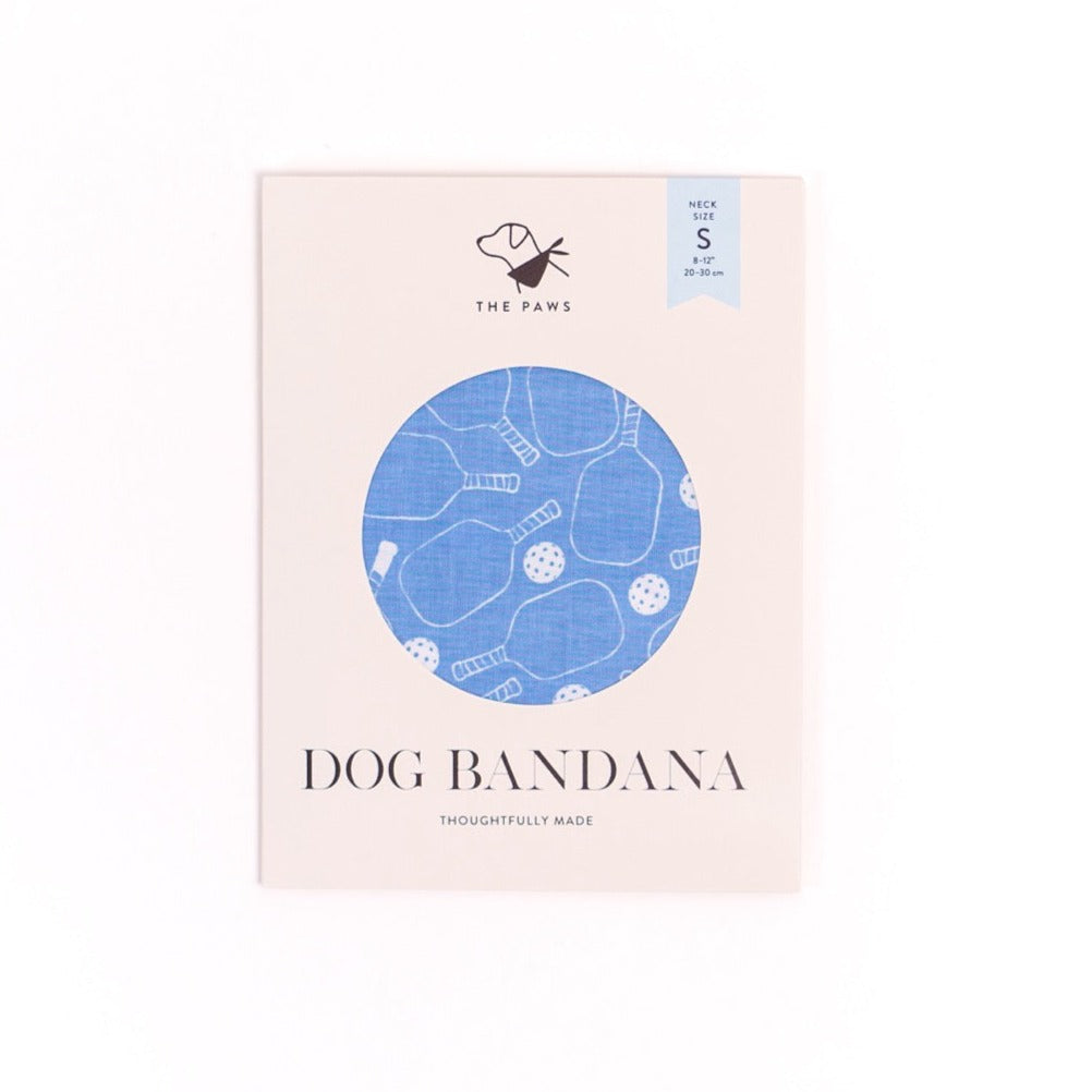 Front of blue pickleball Dog Bandana packaging