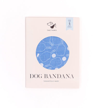 Front of blue pickleball Dog Bandana packaging