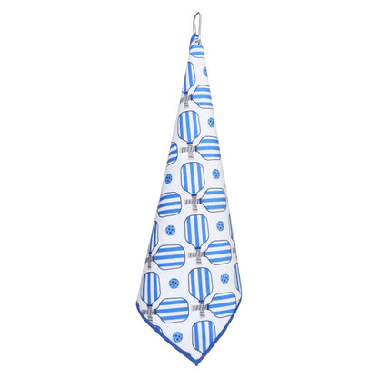 Blue and white preppy pickleball sports court towel hanging from attached carabiner