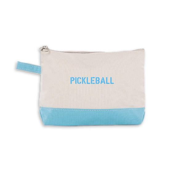 Zippered pouch that says "PICKLEBALL" on it in blue