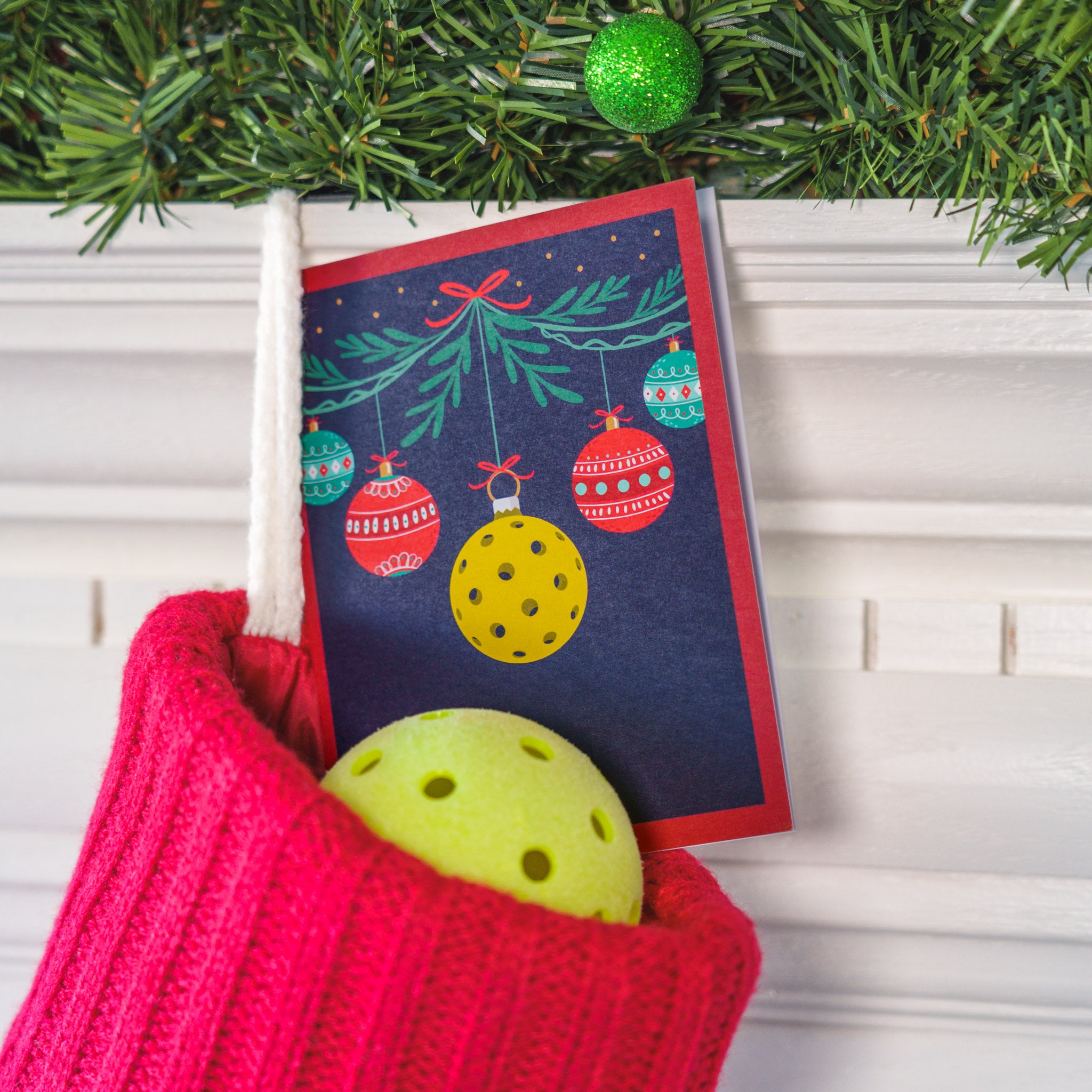 A christmas card that has hanging christmas ornaments and a pickleball on it. The card is sitting in a stocking hanging on a mantle.