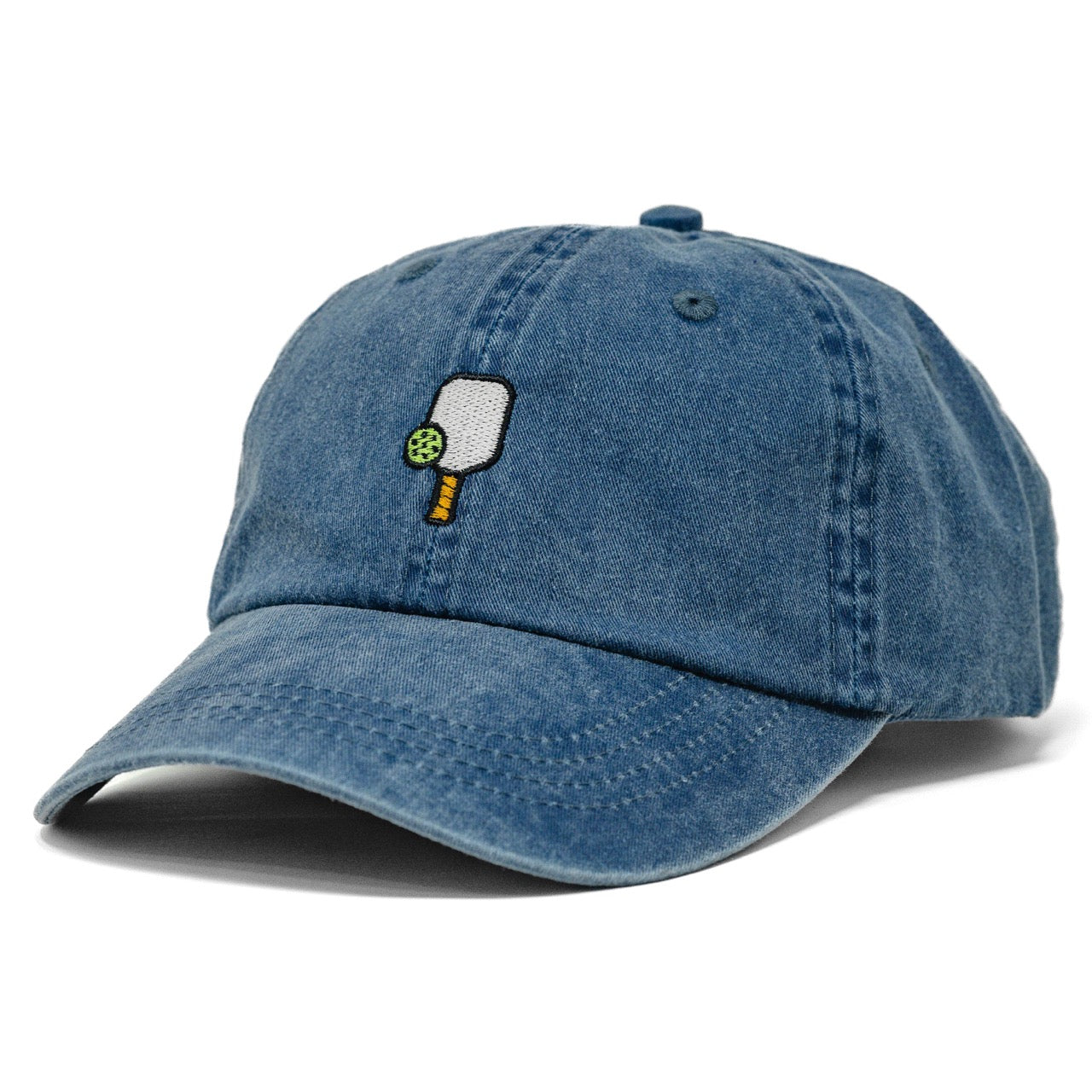 Side view of denim baseball hat that has a pickleball paddle embroidered on it