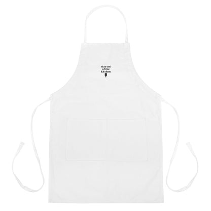 Embroidered white apron that says &quot;stay out of the kitchen&quot; and has a pickleball paddle on it