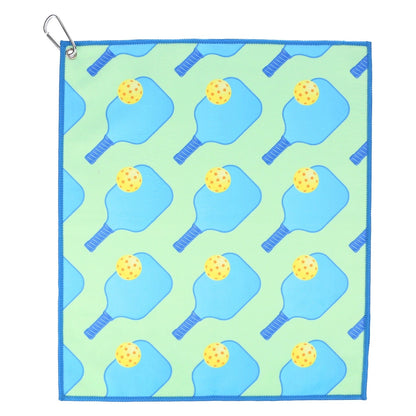 Green and blue fun pickleball sports court towel with attached carabiner for hanging