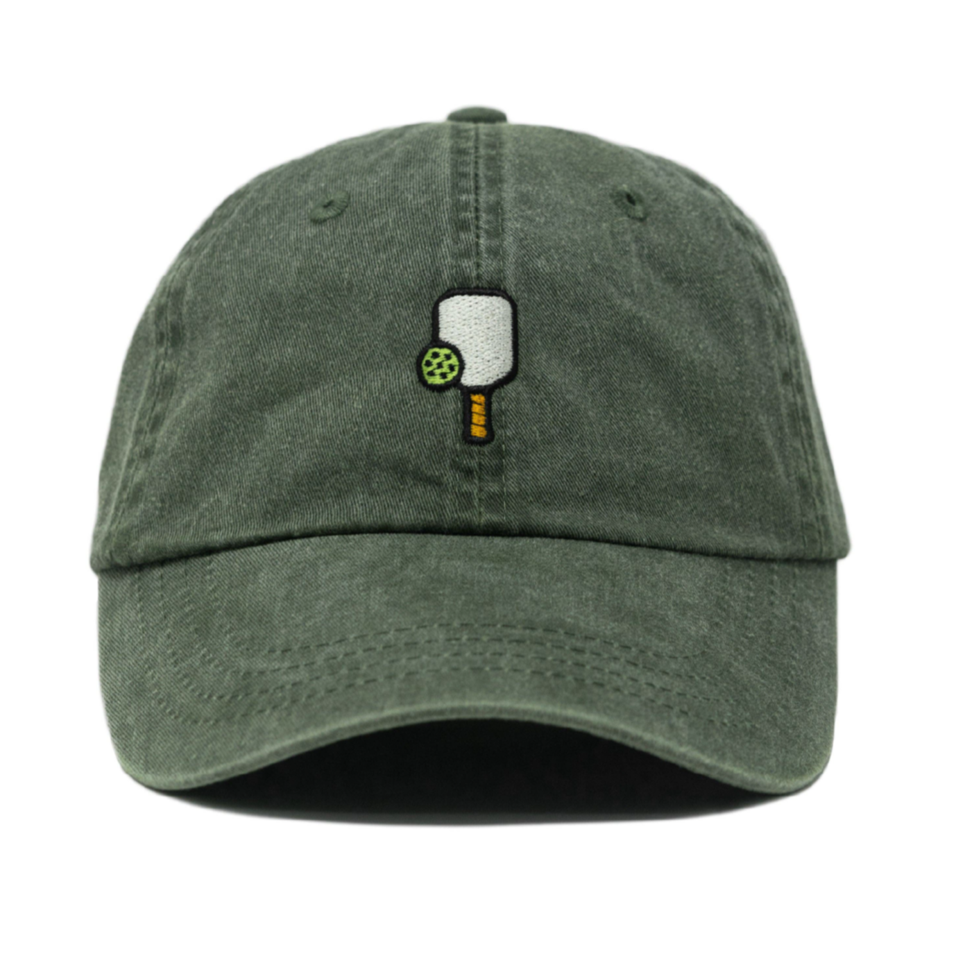 Washed green baseball hat with an embroidered pickleball paddle and ball on it