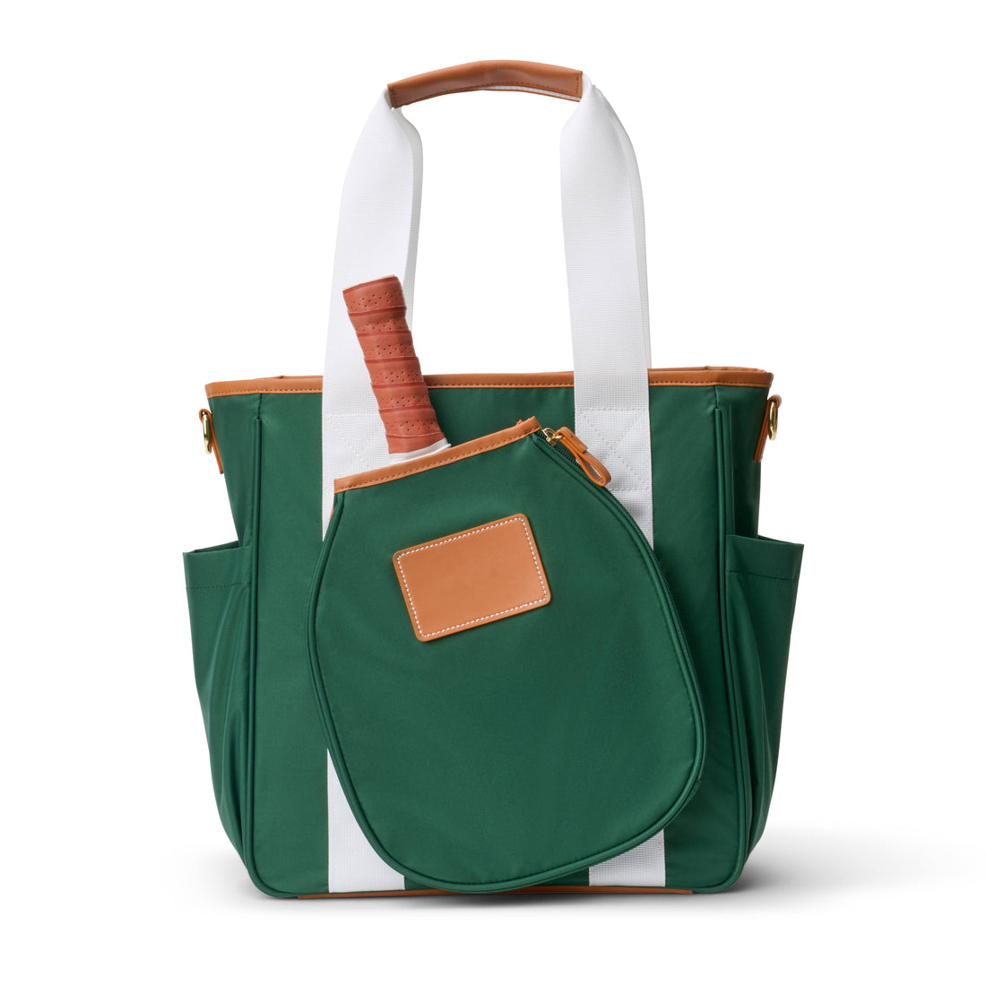 Hunter green pickleball tote bag with pickleball paddle in it