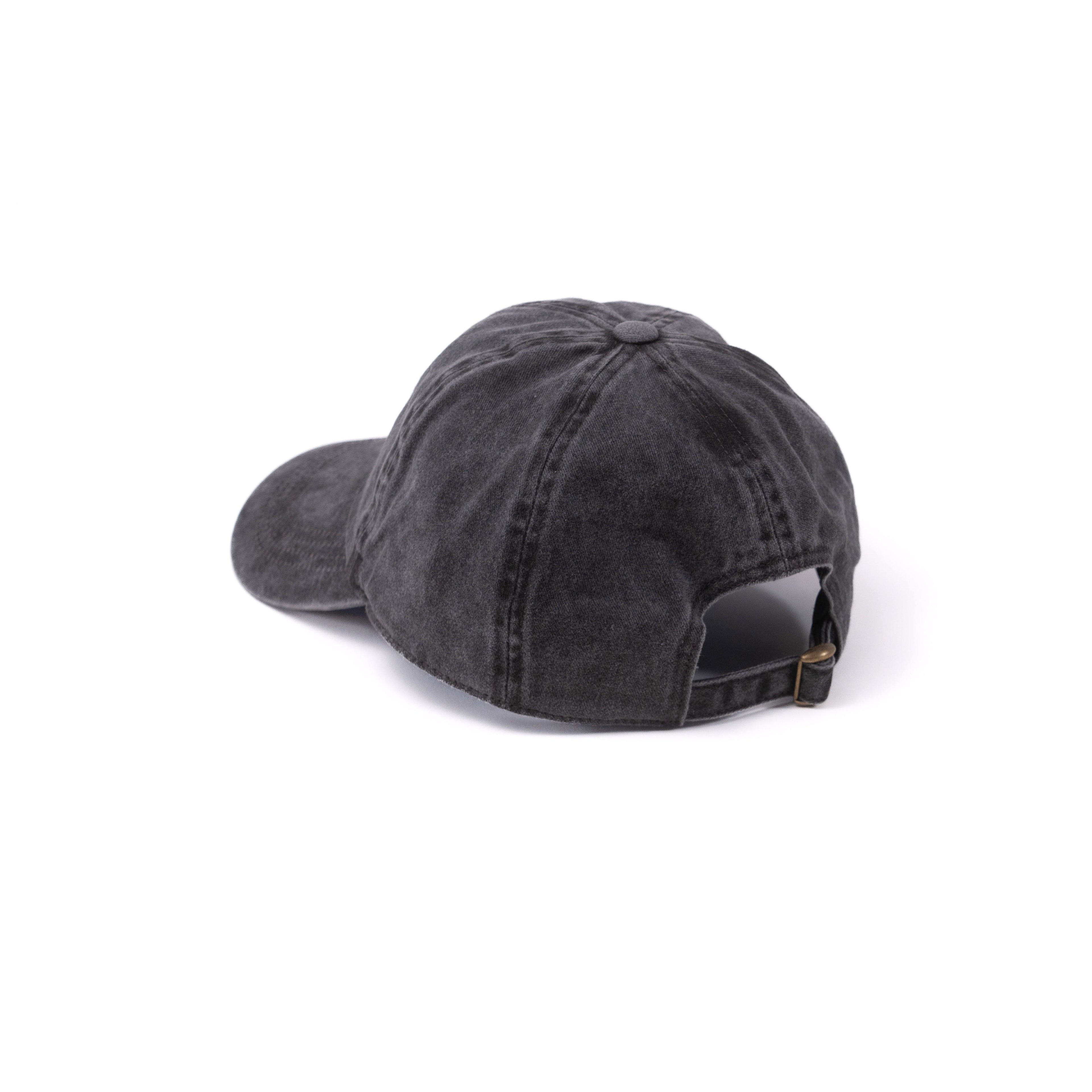 Back view of washed black baseball hat that says &quot;I&