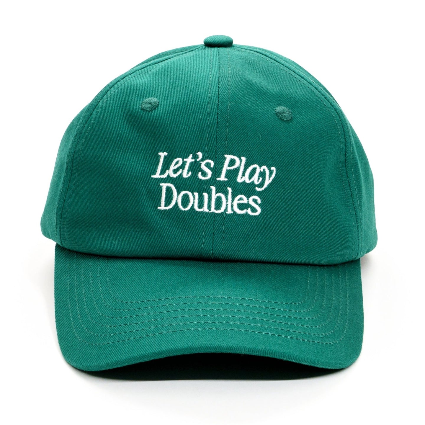 Green baseball hat that says Let's Play Doubles on it