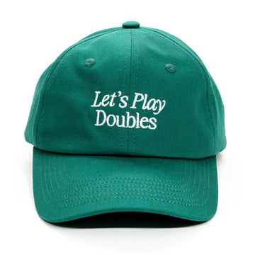 Green baseball hat that says Let's Play Doubles on it