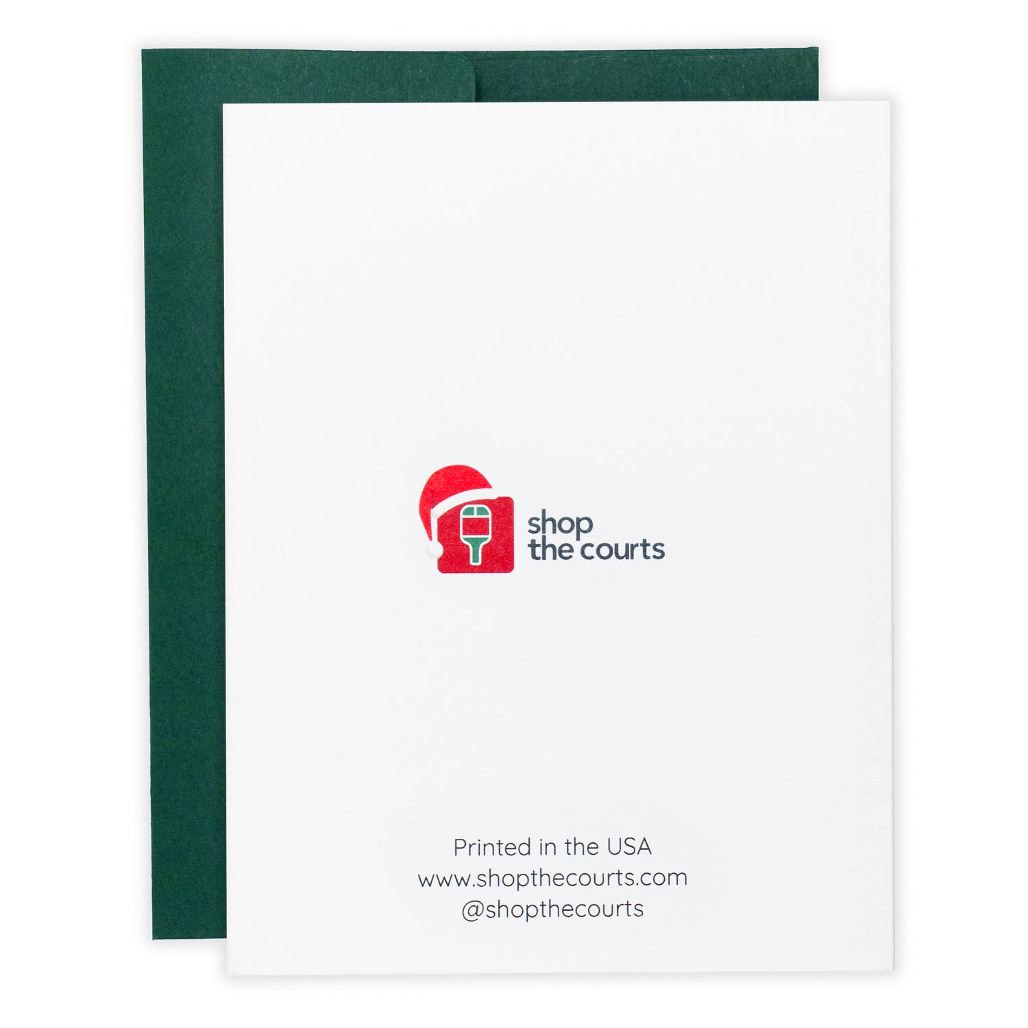 Back of a pickleball themed Christmas greeting card designed by Shop The Courts