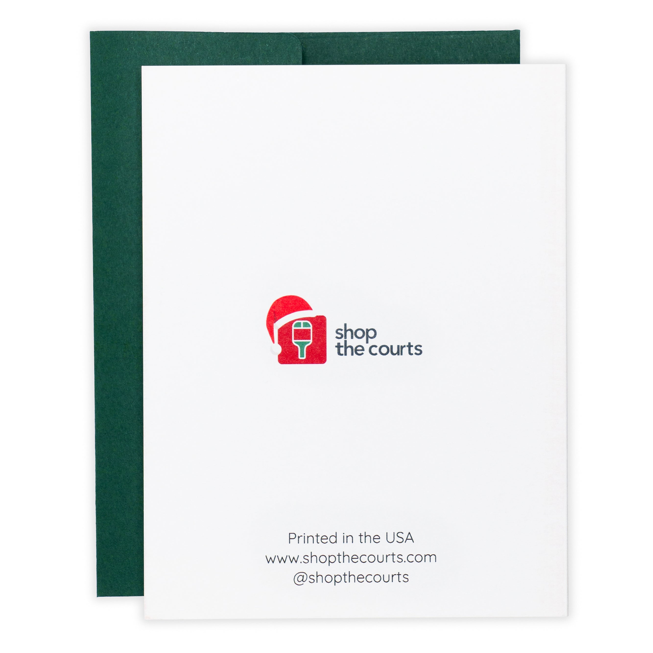 Back of a pickleball themed Christmas greeting card designed by Shop The Courts